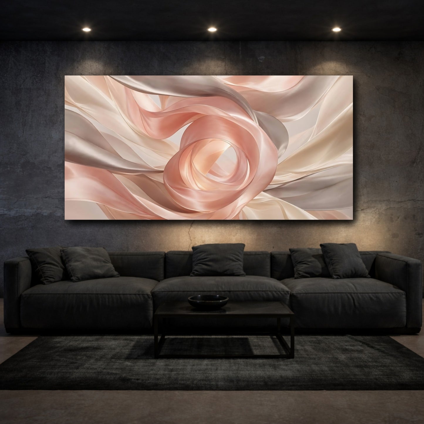 Mockup 2. Abstract Flowing Fabric Blush And Tan shown as stretched canvas wall art