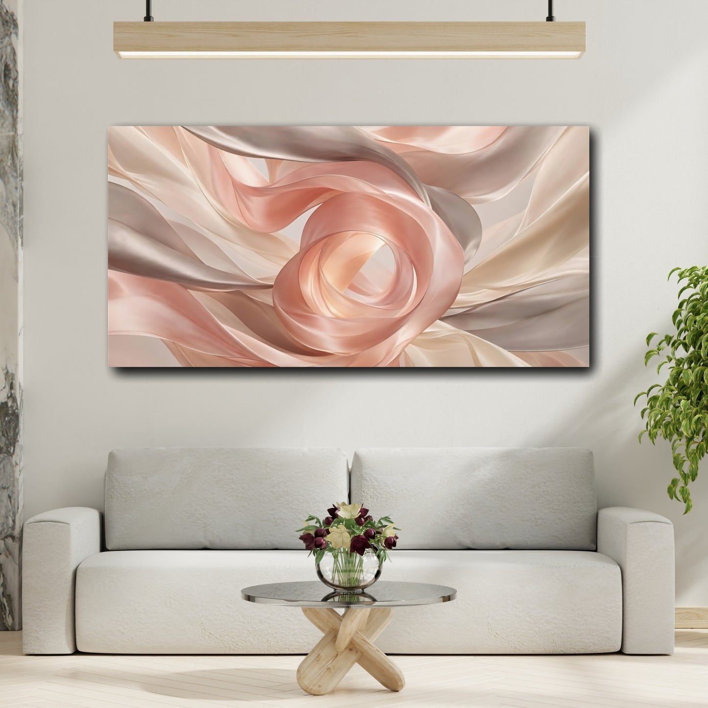 Mockup 3. Abstract Flowing Fabric Blush And Tan shown as stretched canvas wall art