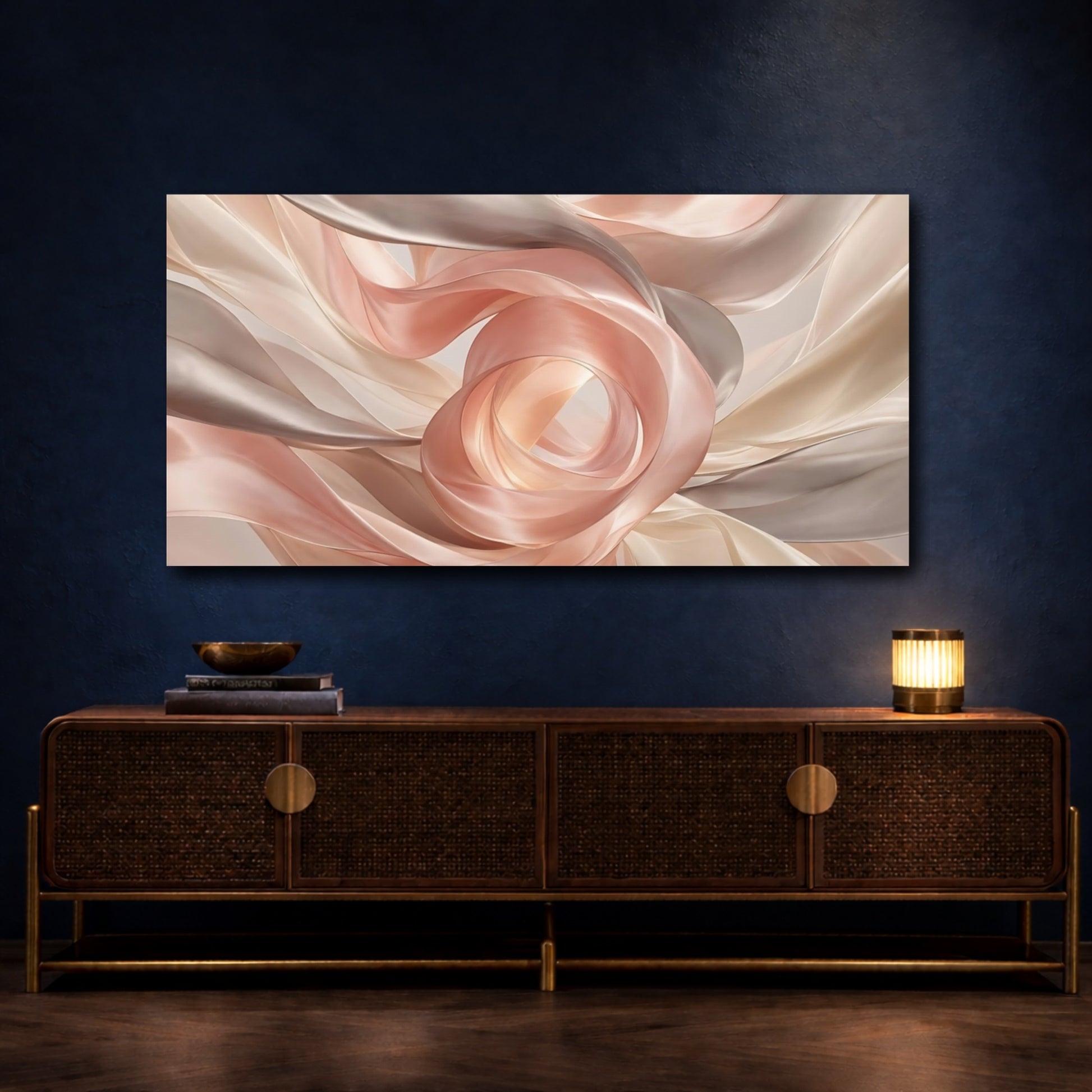 Mockup 4. Abstract Flowing Fabric Blush And Tan shown as stretched canvas wall art