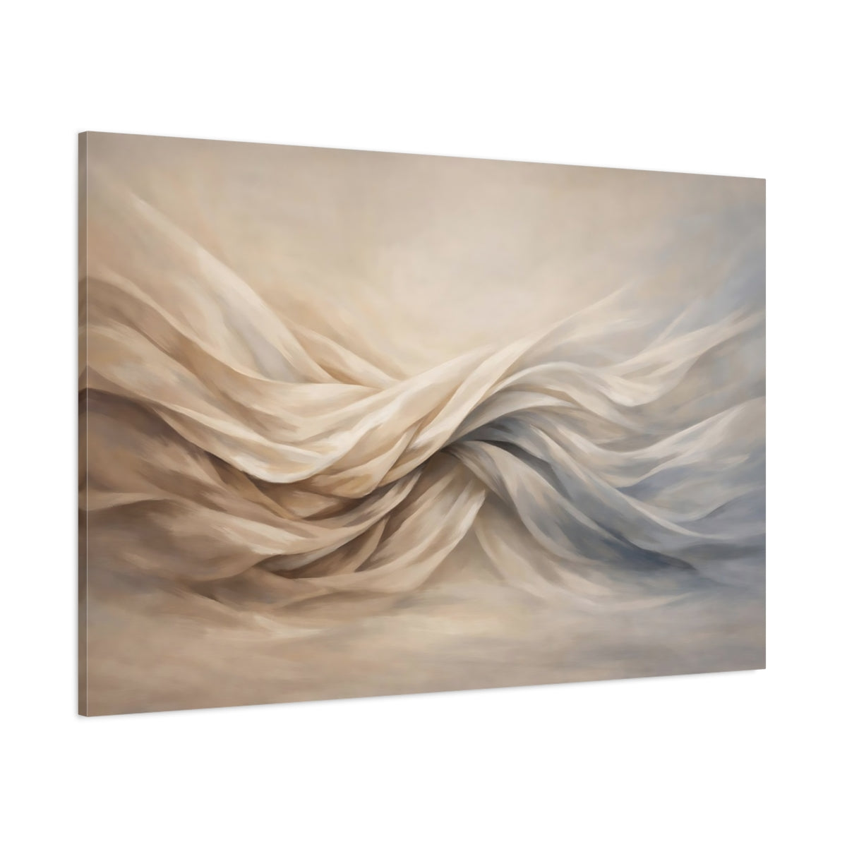 Main Mockup. Abstract Flowing Fabric Cream And Blue shown as stretched canvas wall art