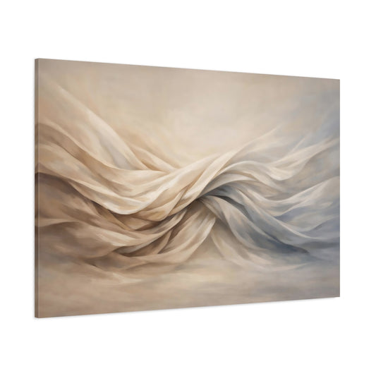 Main Mockup. Abstract Flowing Fabric Cream And Blue shown as stretched canvas wall art