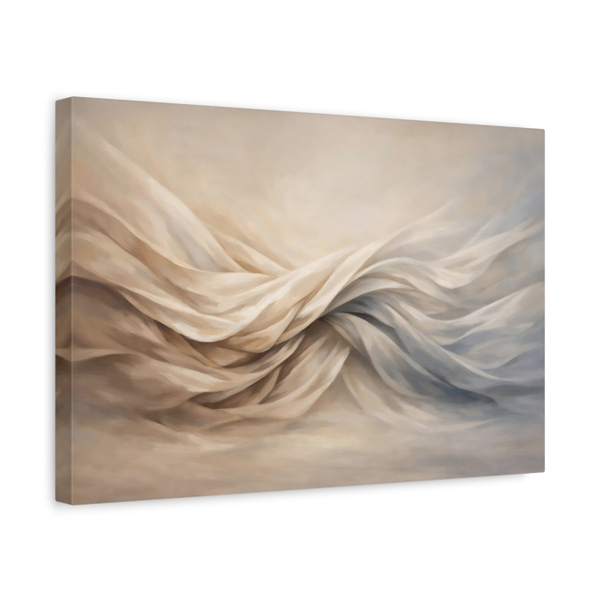 Side Mockup 4. Abstract Flowing Fabric Cream And Blue shown as stretched canvas wall art
