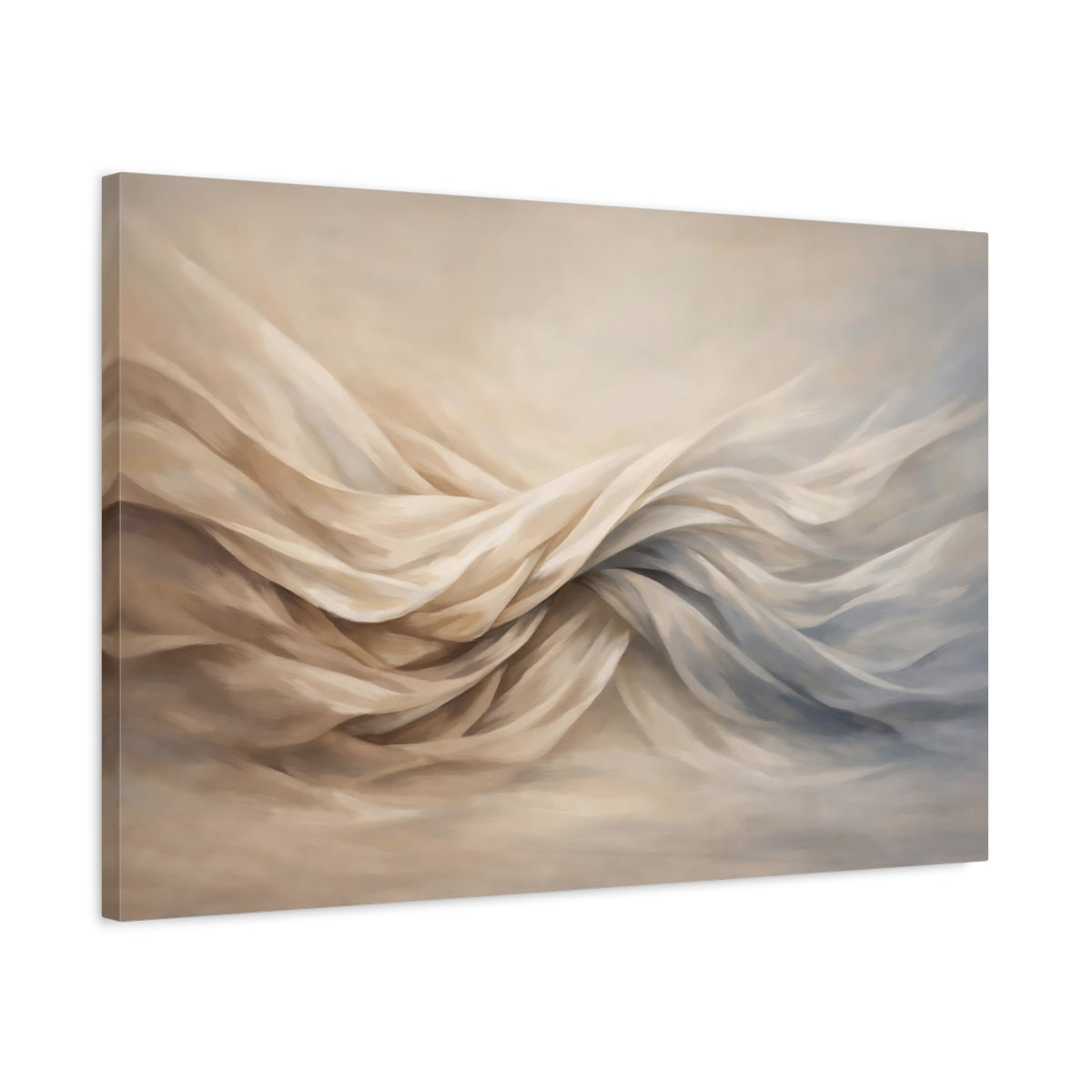 Side Mockup 2. Abstract Flowing Fabric Cream And Blue shown as stretched canvas wall art