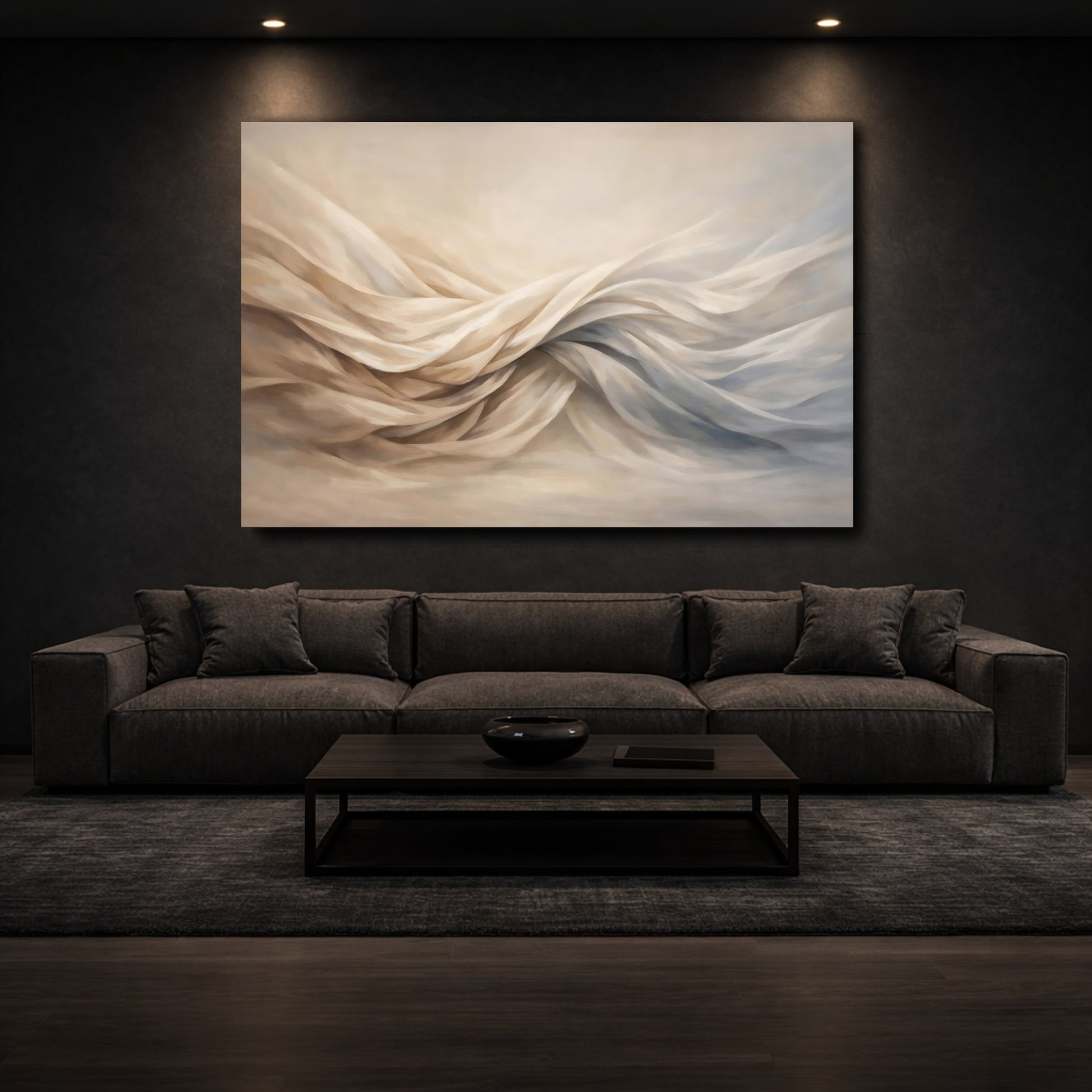 Mockup 2. Abstract Flowing Fabric Cream And Blue shown as stretched canvas wall art