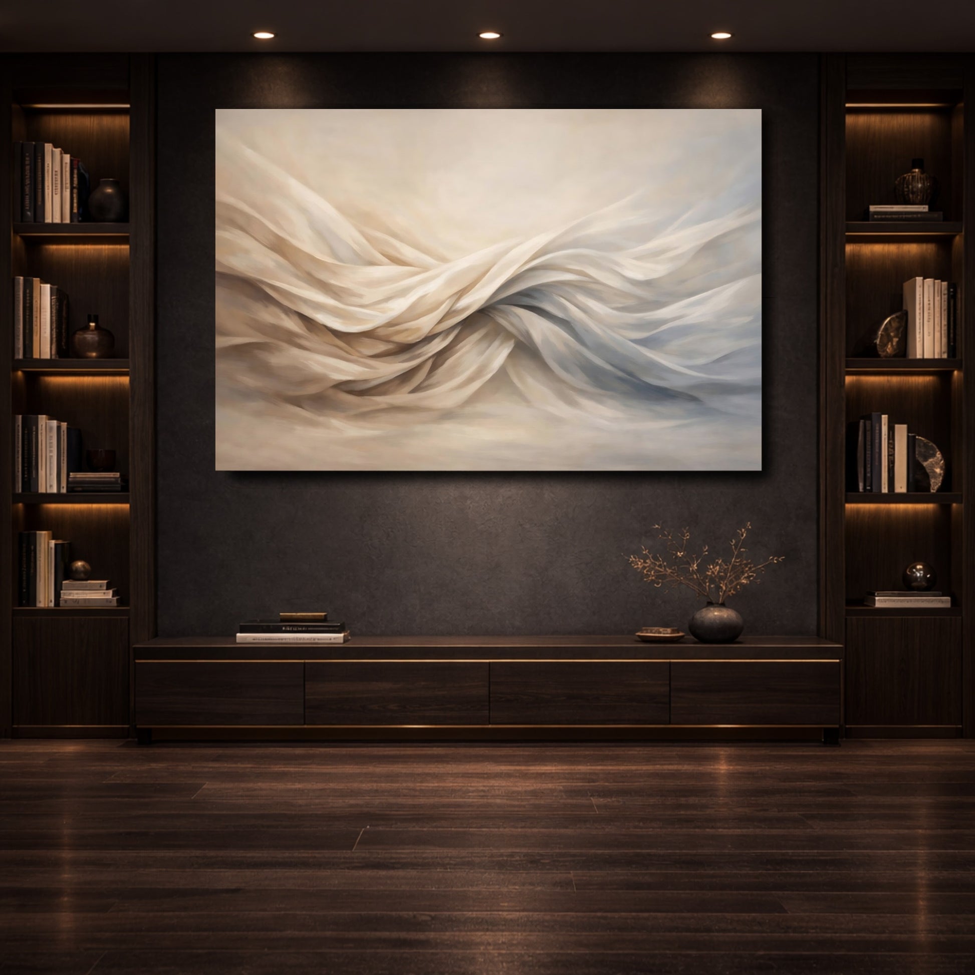 Mockup 3. Abstract Flowing Fabric Cream And Blue shown as stretched canvas wall art