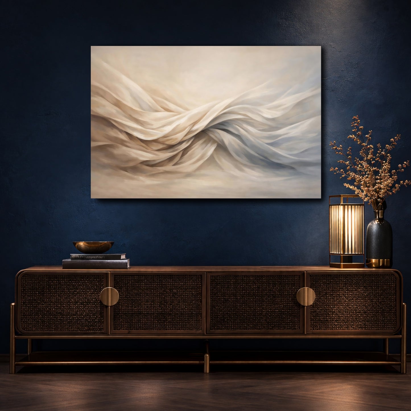 Mockup 4. Abstract Flowing Fabric Cream And Blue shown as stretched canvas wall art