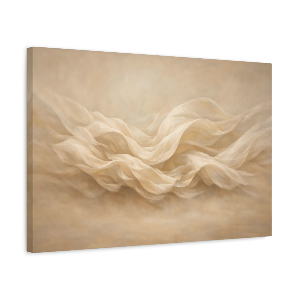 Side Mockup 3. Abstract Flowing Fabric Cream Waves shown as stretched canvas wall art