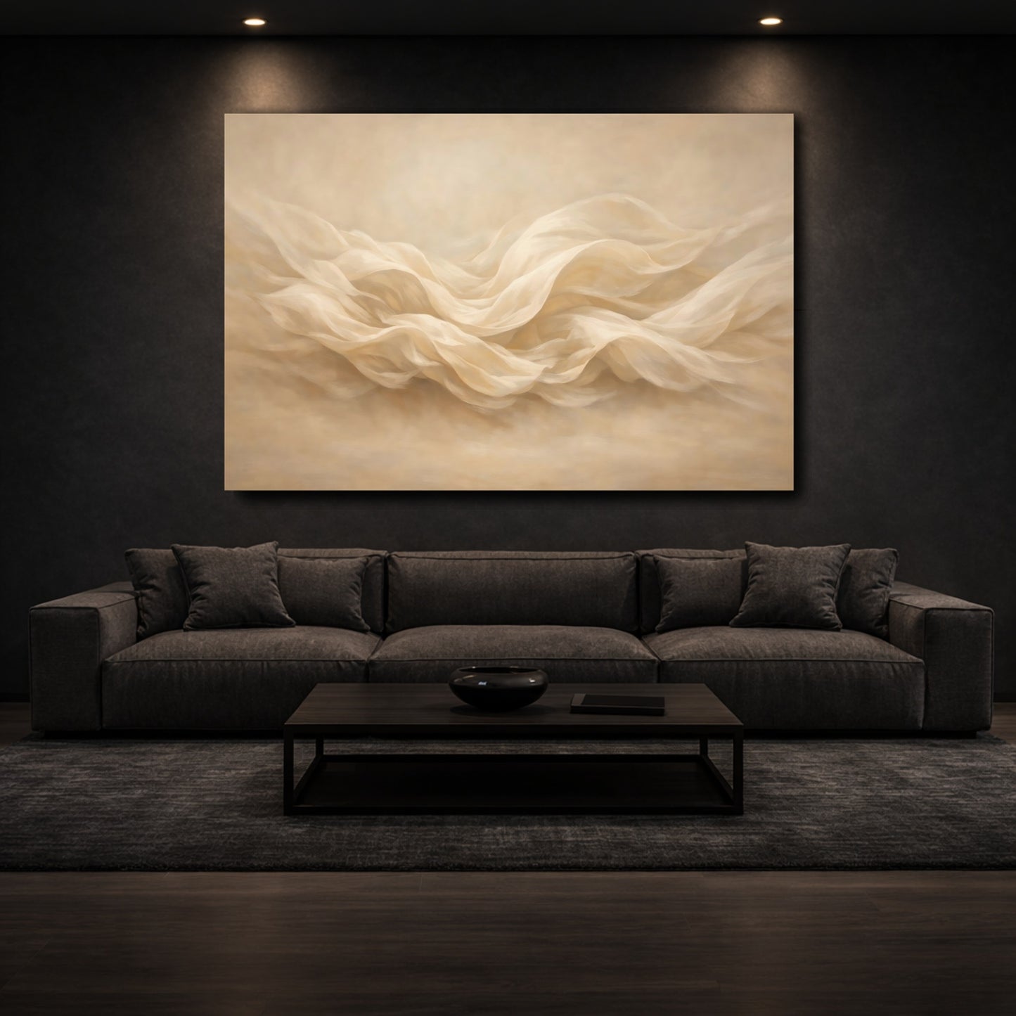 Mockup 2. Abstract Flowing Fabric Cream Waves shown as stretched canvas wall art
