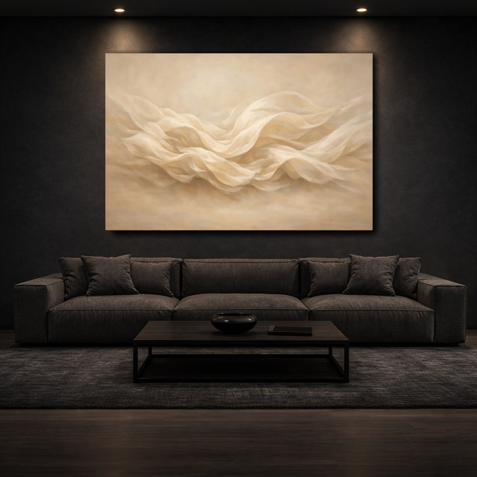 Mockup 2. Abstract Flowing Fabric Cream Waves shown as stretched canvas wall art