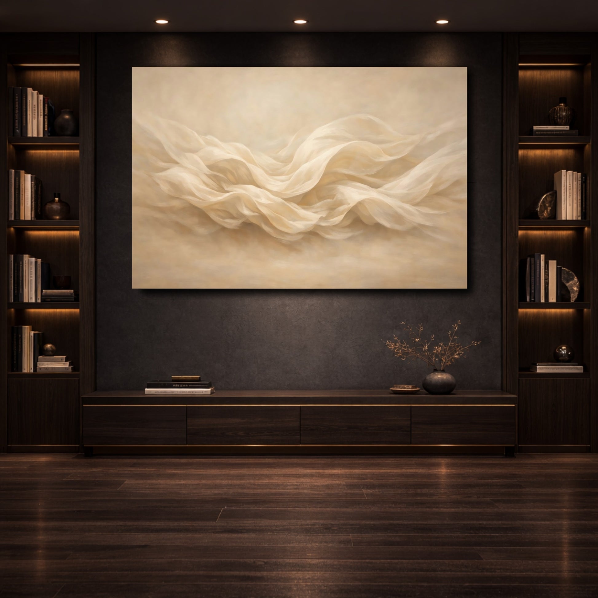 Mockup 3. Abstract Flowing Fabric Cream Waves shown as stretched canvas wall art