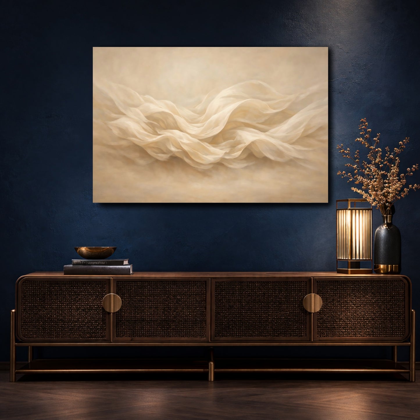 Mockup 4. Abstract Flowing Fabric Cream Waves shown as stretched canvas wall art