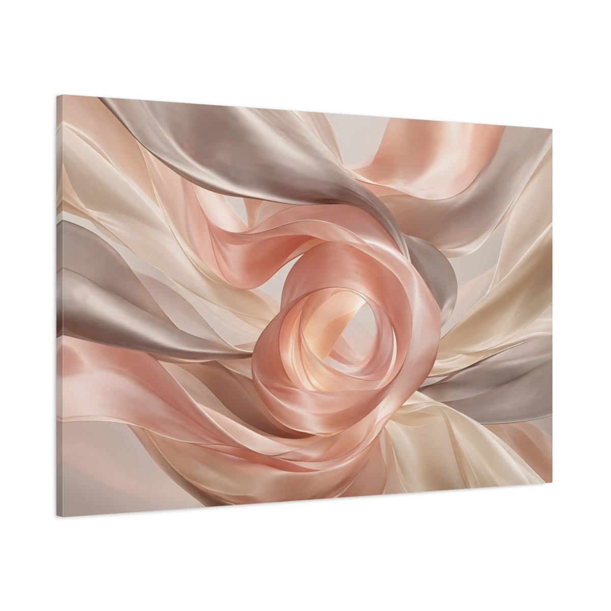 Side Mockup 1. Abstract Flowing Fabric Pink And Beige Flow shown as stretched canvas wall art