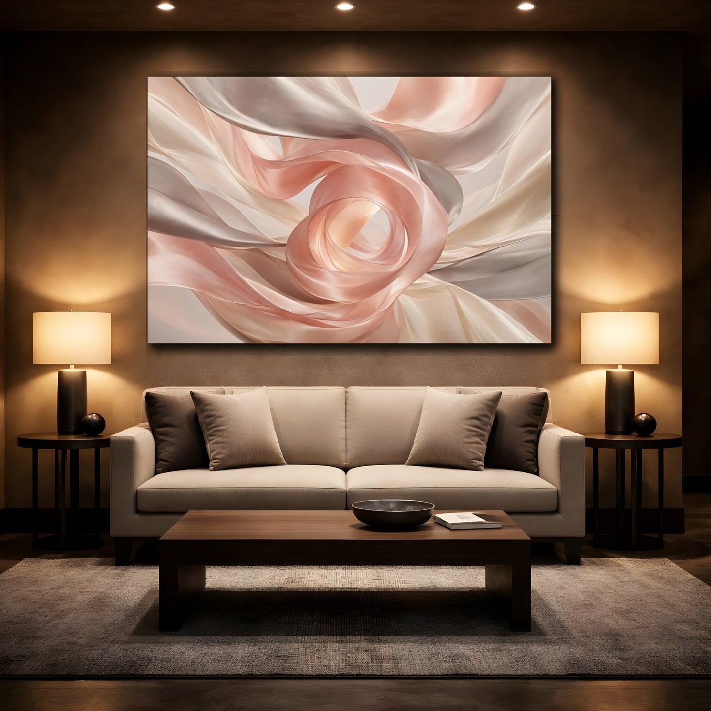 Mockup 2. Abstract Flowing Fabric Pink And Beige Flow shown as stretched canvas wall art