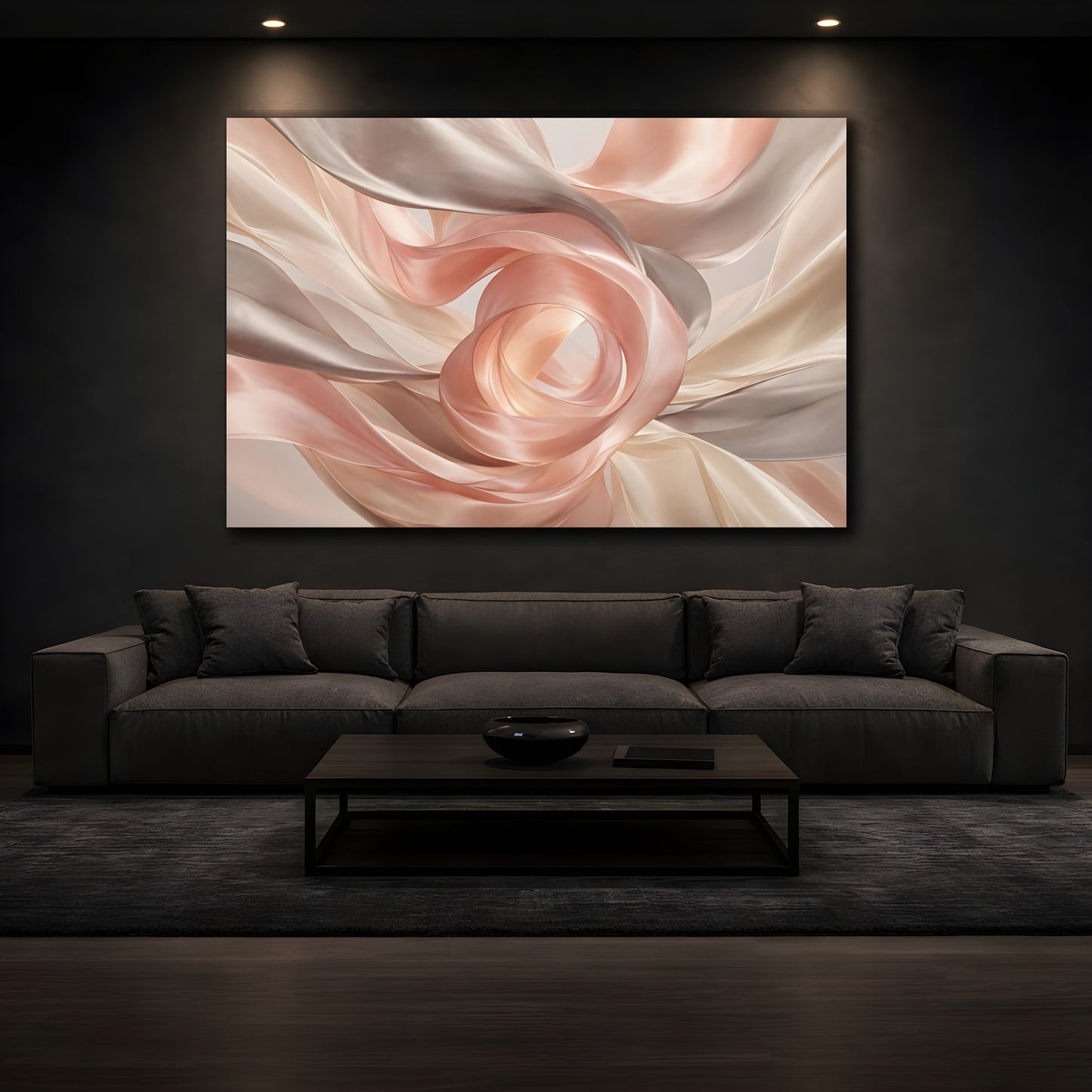 Mockup 3. Abstract Flowing Fabric Pink And Beige Flow shown as stretched canvas wall art