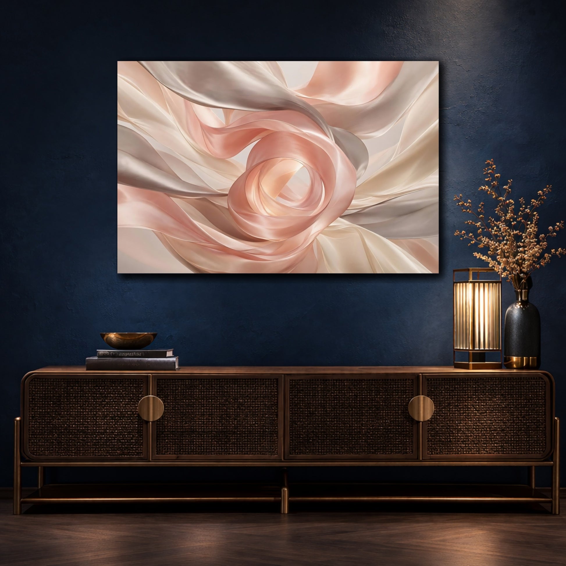 Mockup 4. Abstract Flowing Fabric Pink And Beige Flow shown as stretched canvas wall art