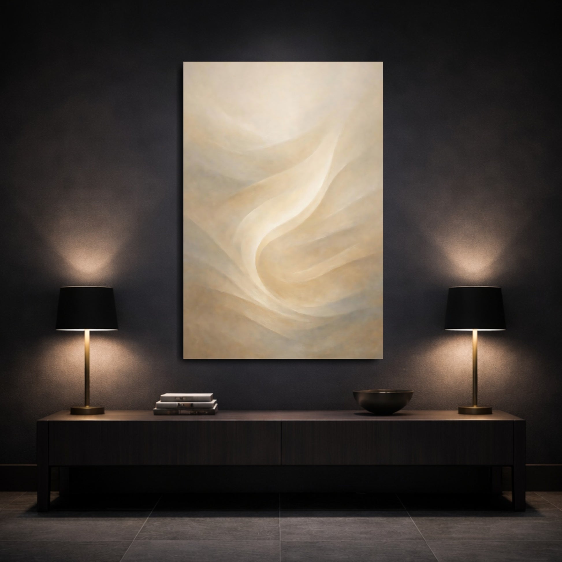 Mockup 2. Abstract Flowing Form Cream And Tan shown as stretched canvas wall art