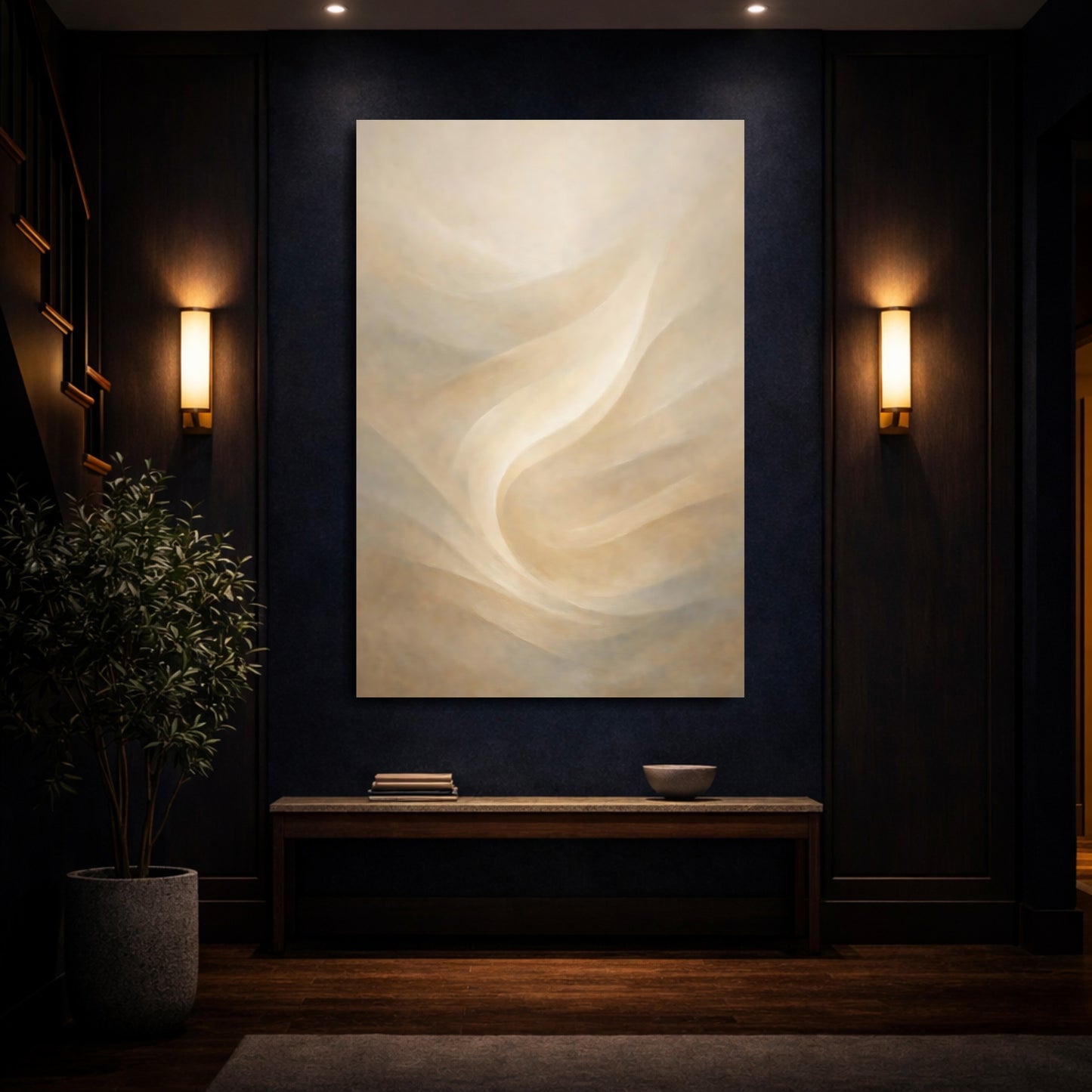Mockup 3. Abstract Flowing Form Cream And Tan shown as stretched canvas wall art