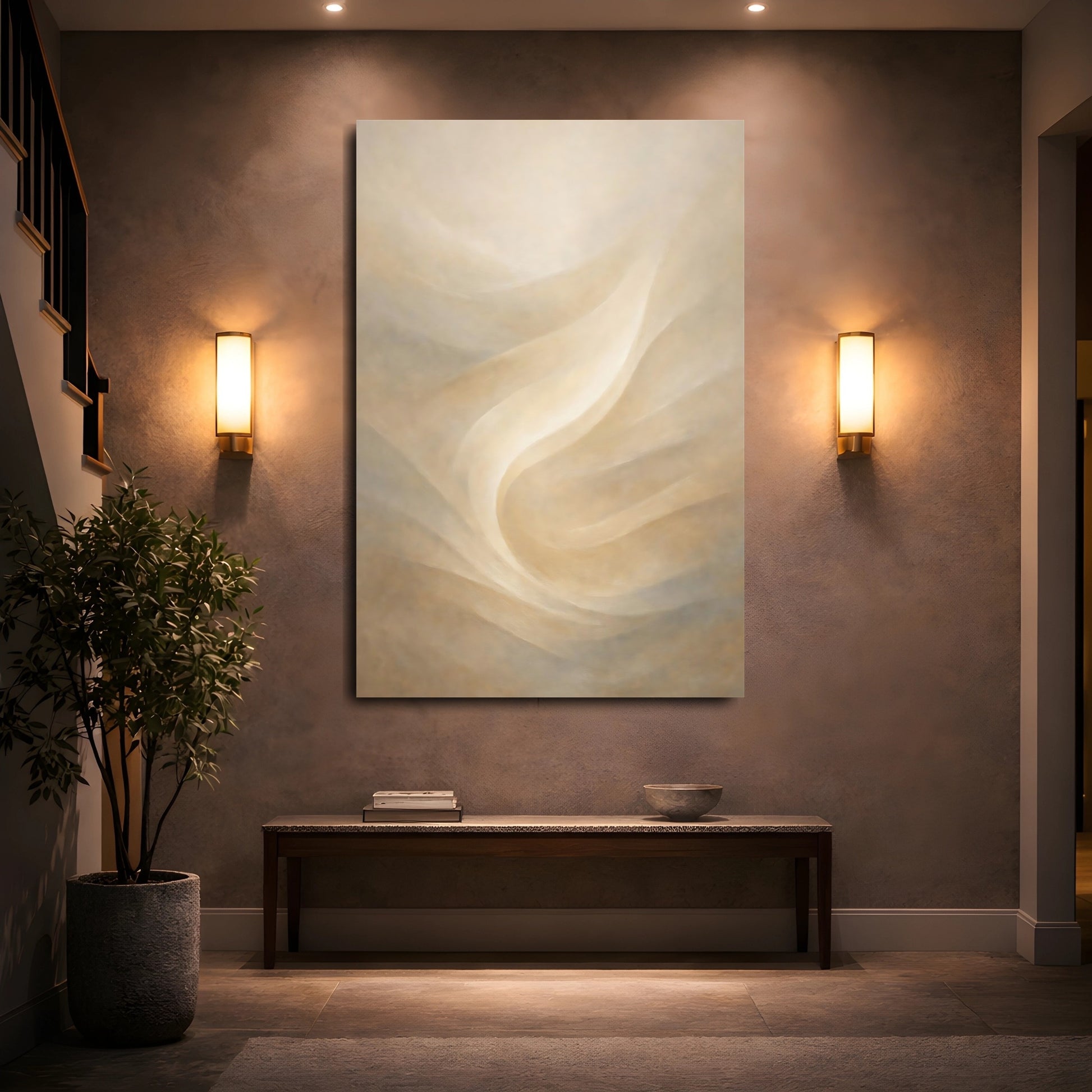 Mockup 4. Abstract Flowing Form Cream And Tan shown as stretched canvas wall art