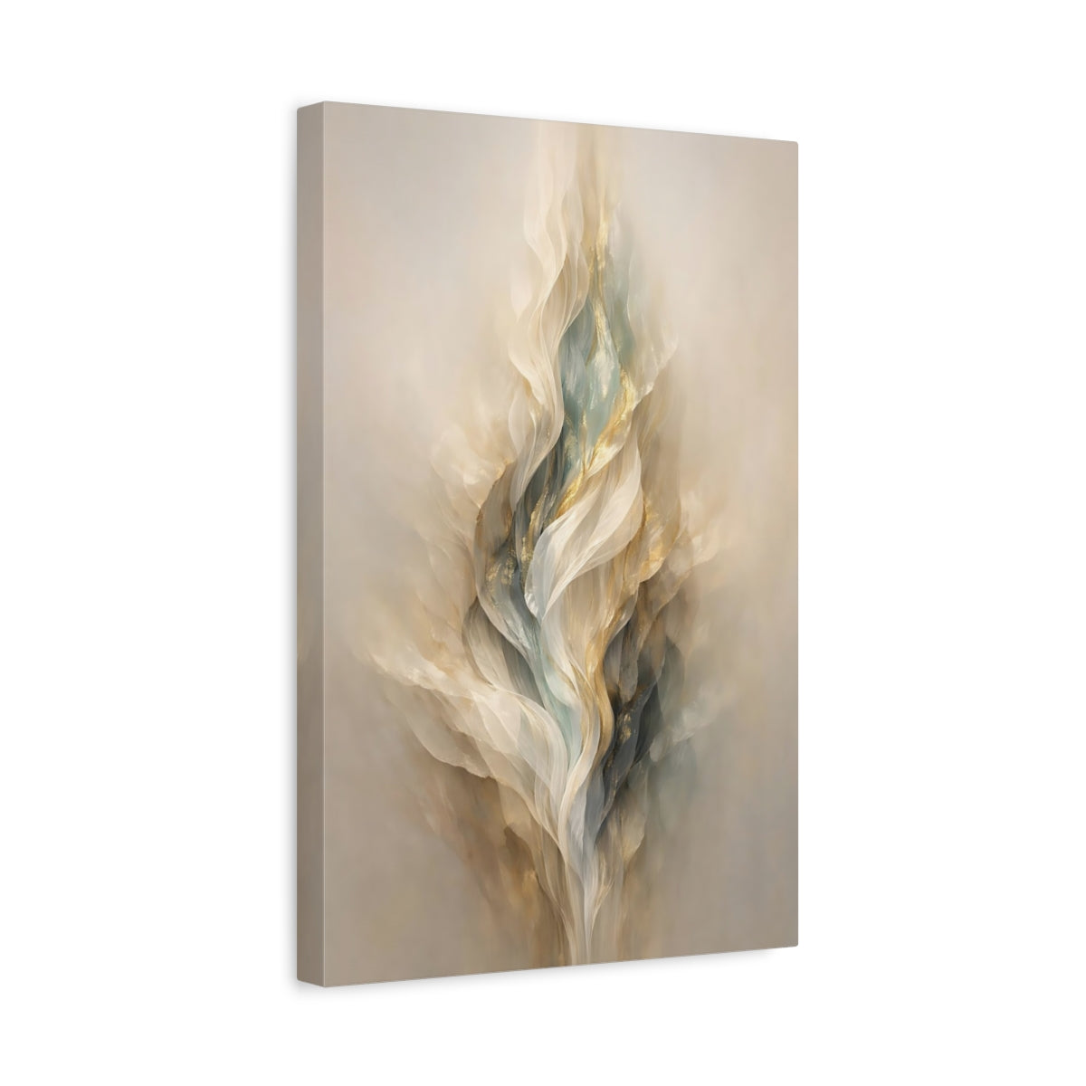 Side Mockup 4. Abstract Flowing Form Cream Gold Teal shown as stretched canvas wall art