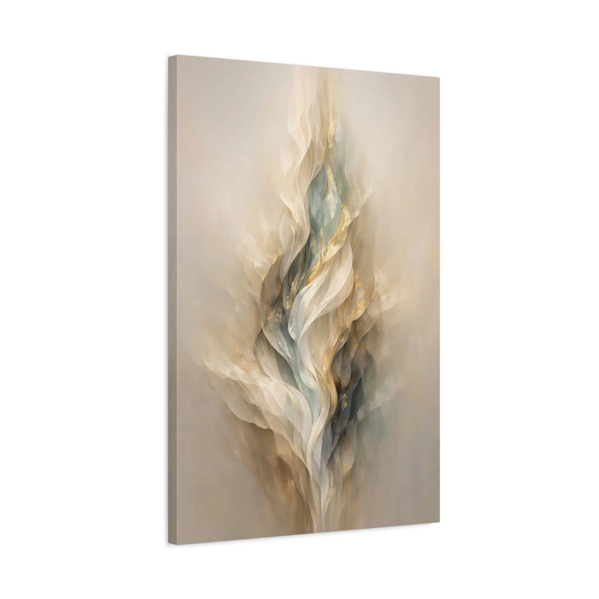 Side Mockup 2. Abstract Flowing Form Cream Gold Teal shown as stretched canvas wall art