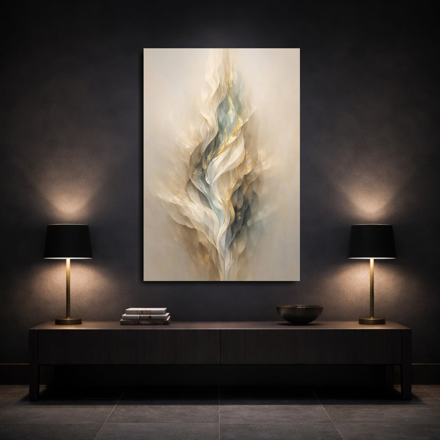 Mockup 2. Abstract Flowing Form Cream Gold Teal shown as stretched canvas wall art