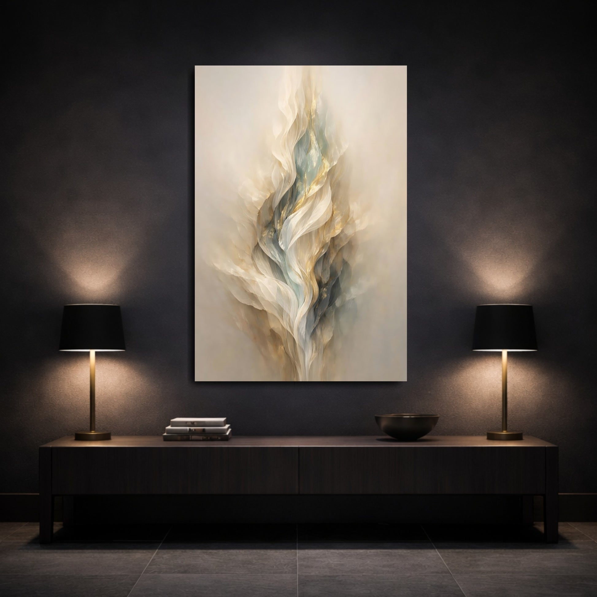 Mockup 2. Abstract Flowing Form Cream Gold Teal shown as stretched canvas wall art