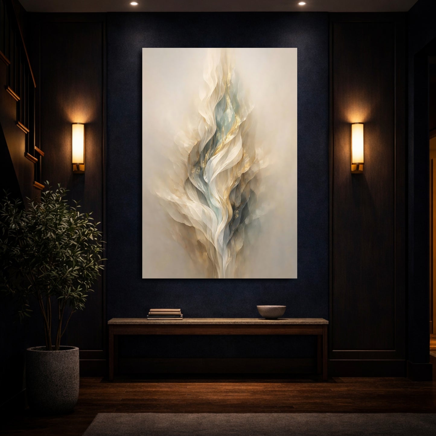 Mockup 3. Abstract Flowing Form Cream Gold Teal shown as stretched canvas wall art