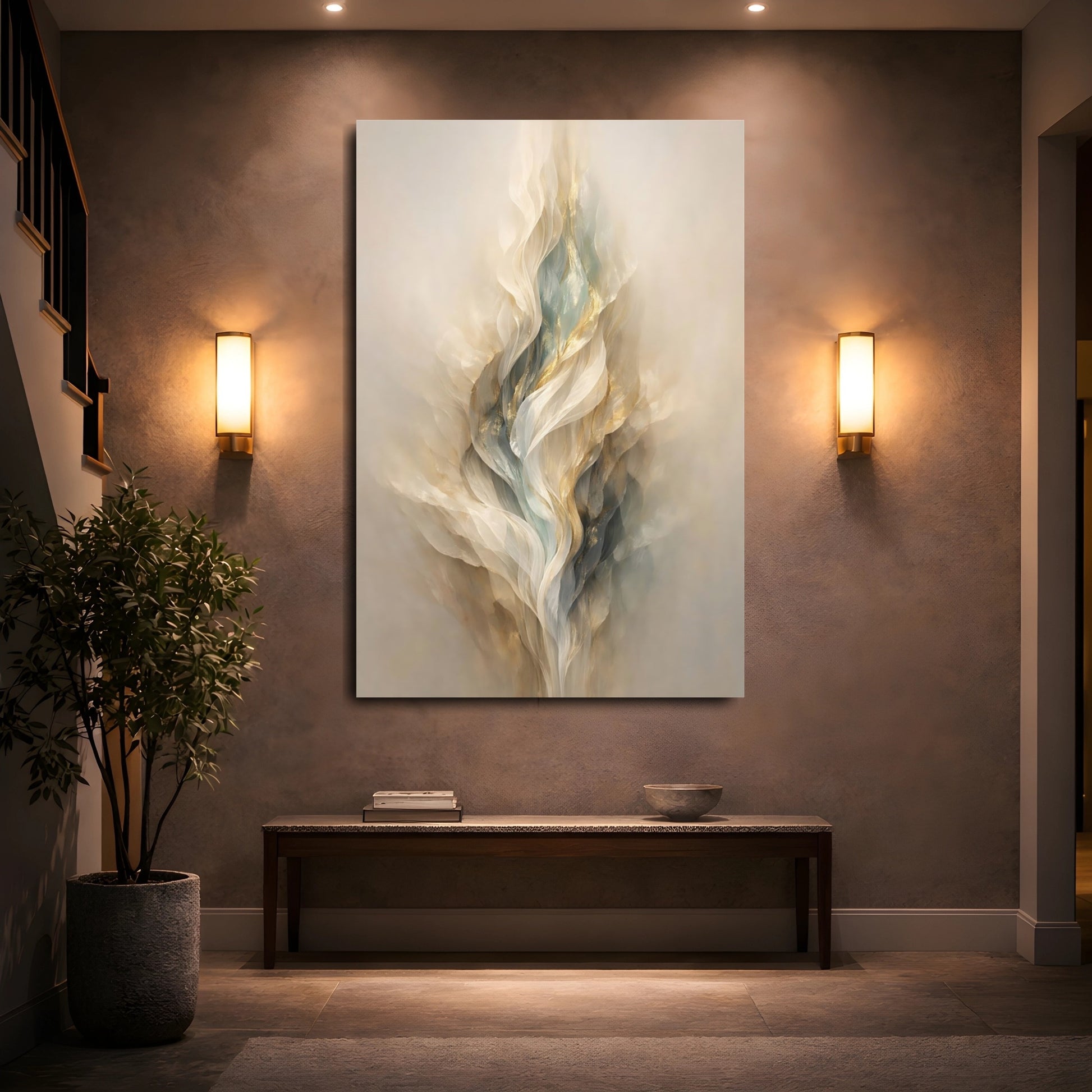 Mockup 4. Abstract Flowing Form Cream Gold Teal shown as stretched canvas wall art