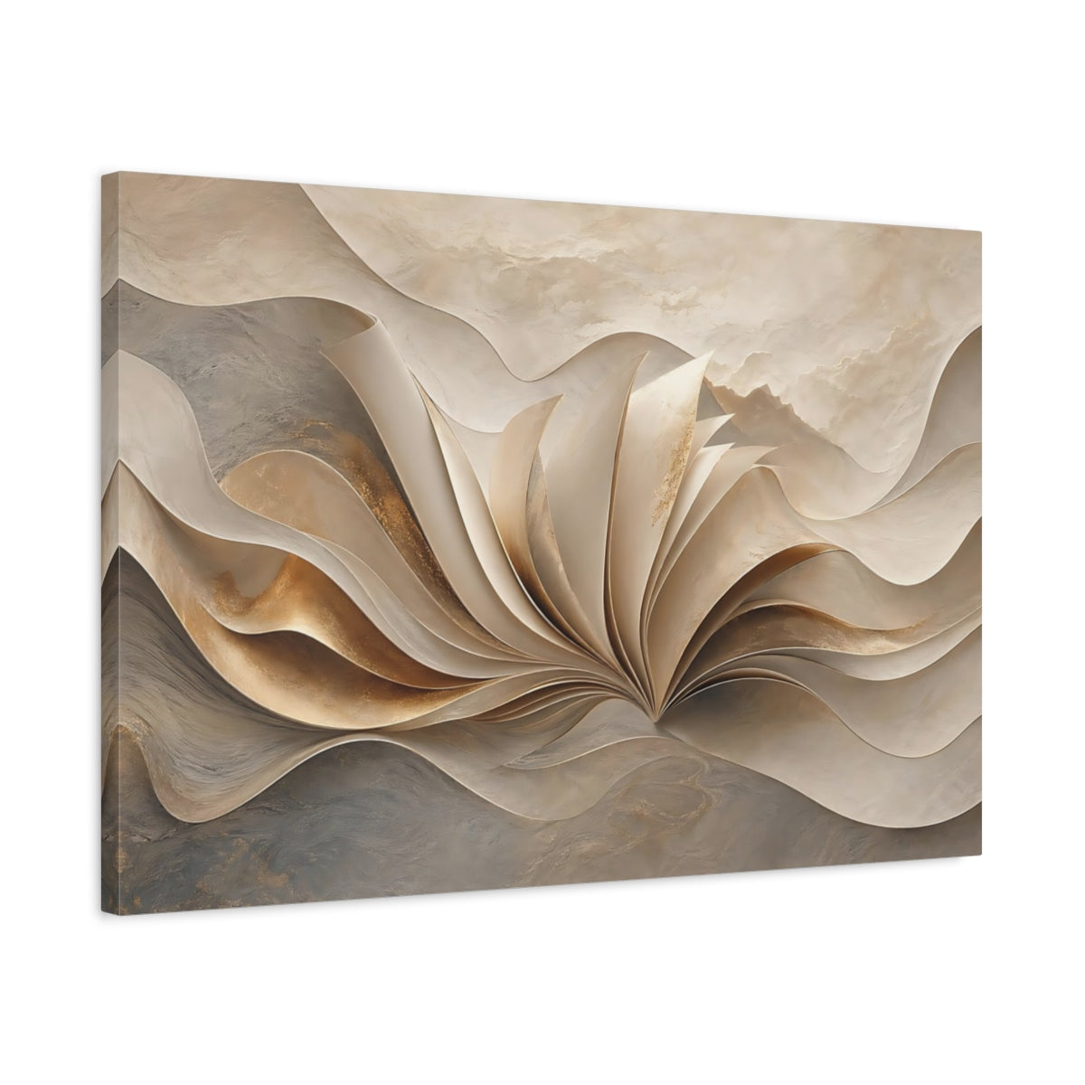 Side Mockup 2. Abstract Flowing Gold Gold And Beige shown as stretched canvas wall art
