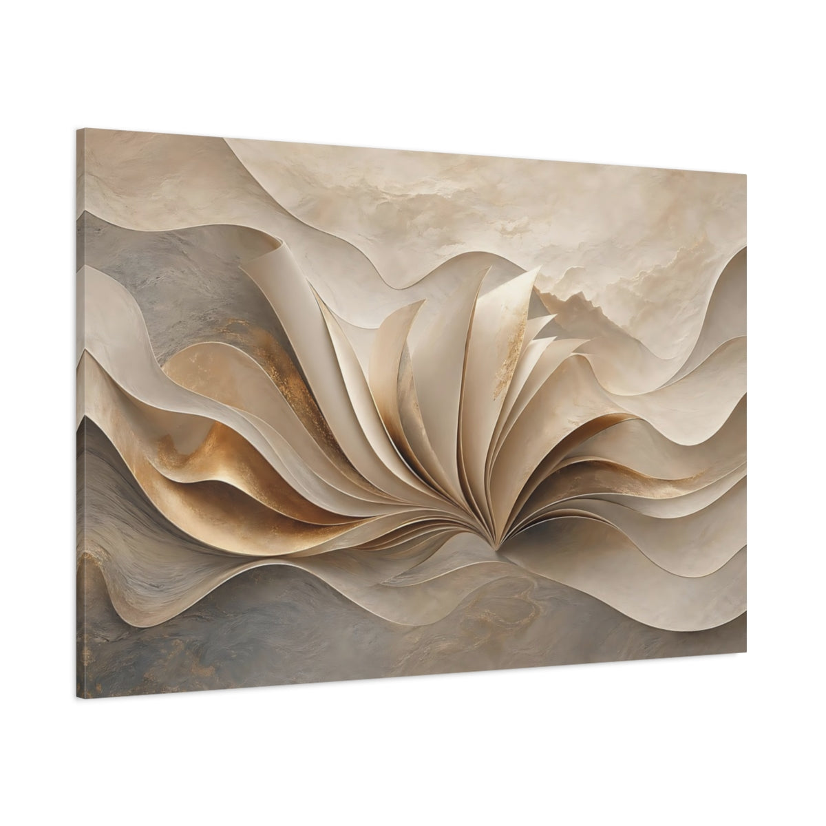 Side Mockup 1. Abstract Flowing Gold Gold And Beige shown as stretched canvas wall art
