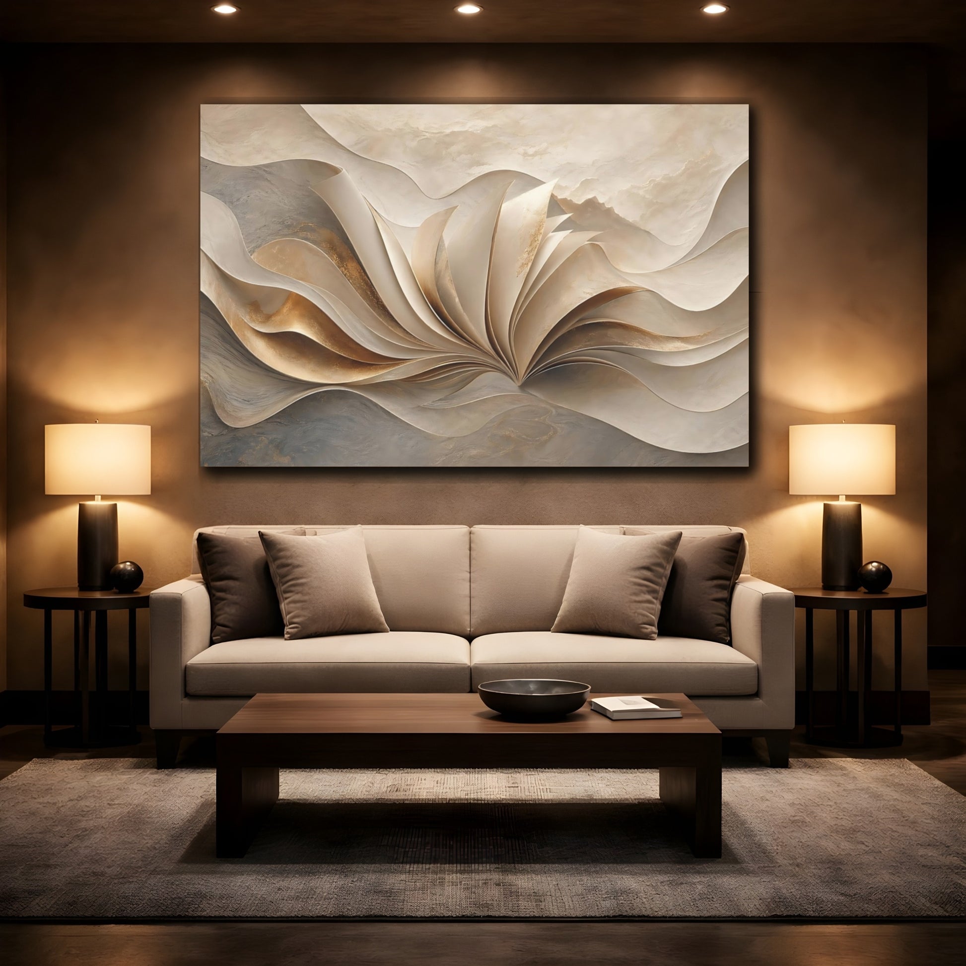 Mockup 2. Abstract Flowing Gold Gold And Beige shown as stretched canvas wall art