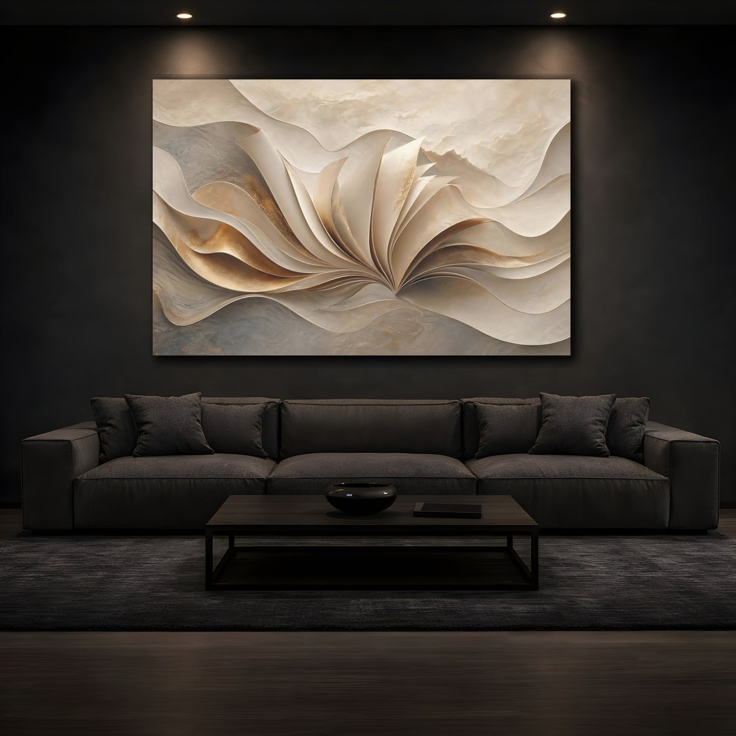 Mockup 3. Abstract Flowing Gold Gold And Beige shown as stretched canvas wall art