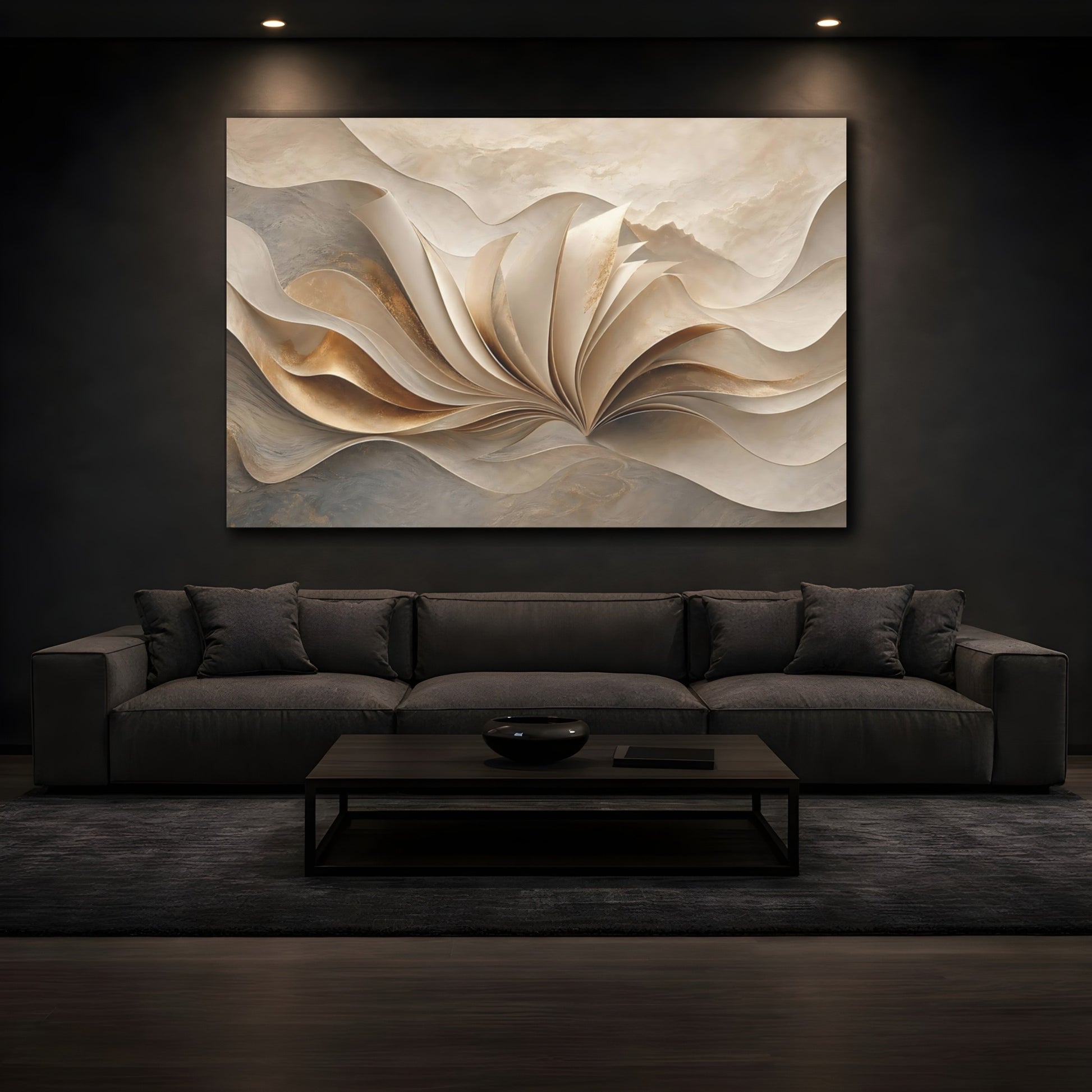 Mockup 3. Abstract Flowing Gold Gold And Beige shown as stretched canvas wall art
