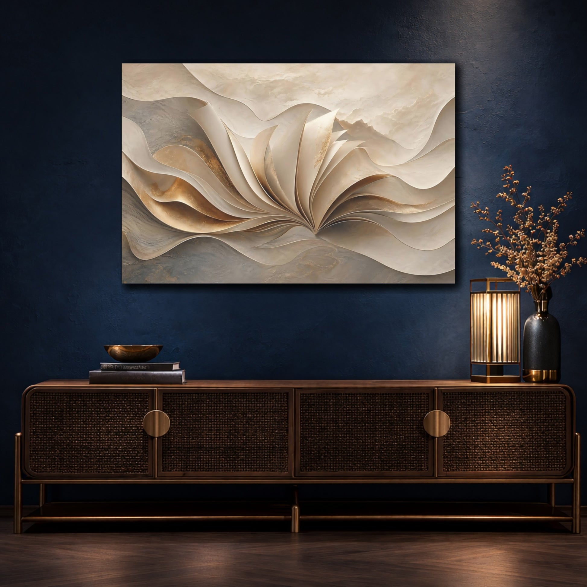 Mockup 4. Abstract Flowing Gold Gold And Beige shown as stretched canvas wall art