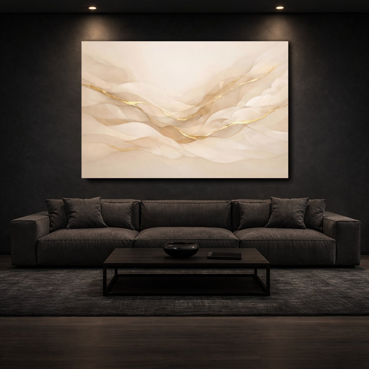 Mockup 2. Abstract Flowing Lines Beige Gold Abstract shown as stretched canvas wall art