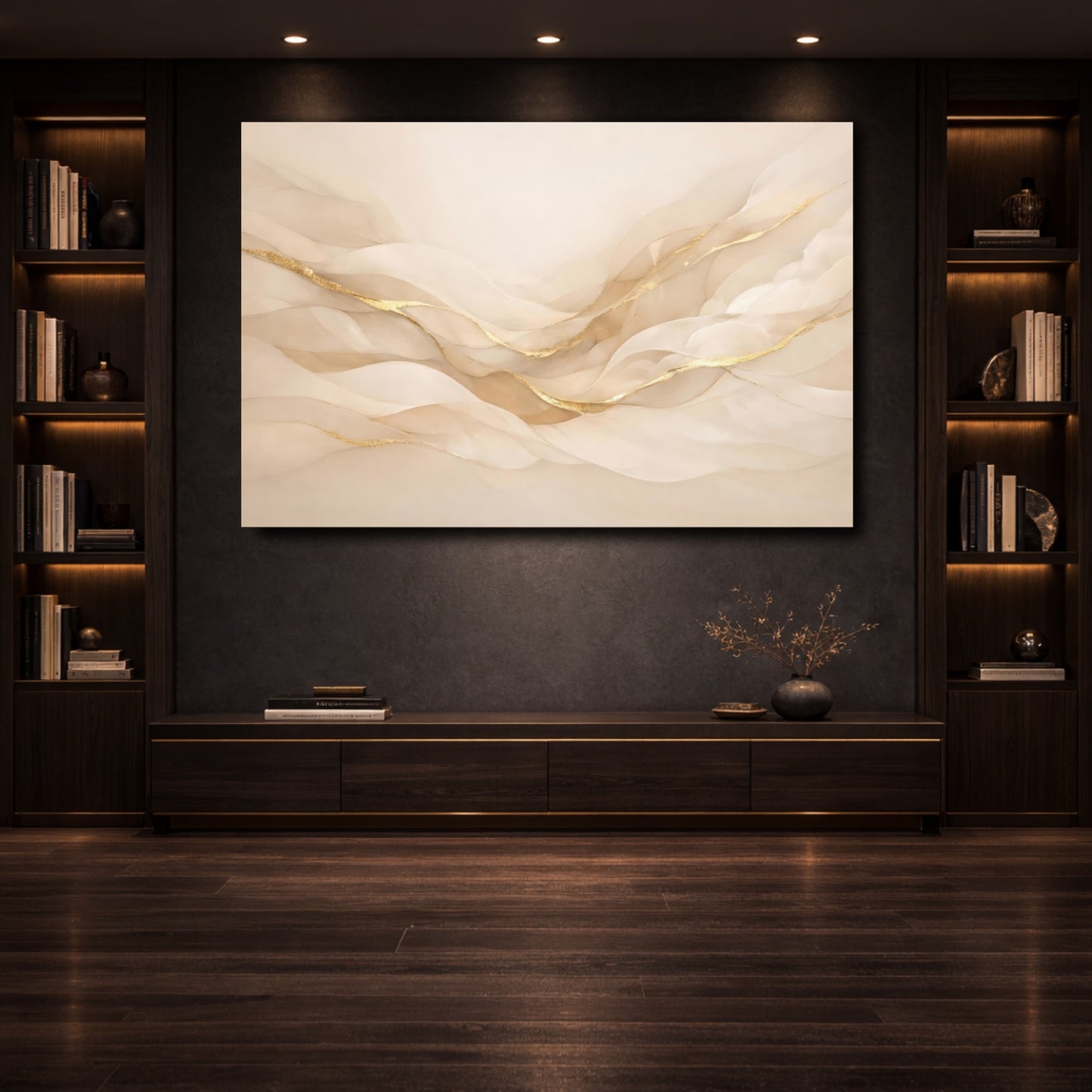 Mockup 3. Abstract Flowing Lines Beige Gold Abstract shown as stretched canvas wall art