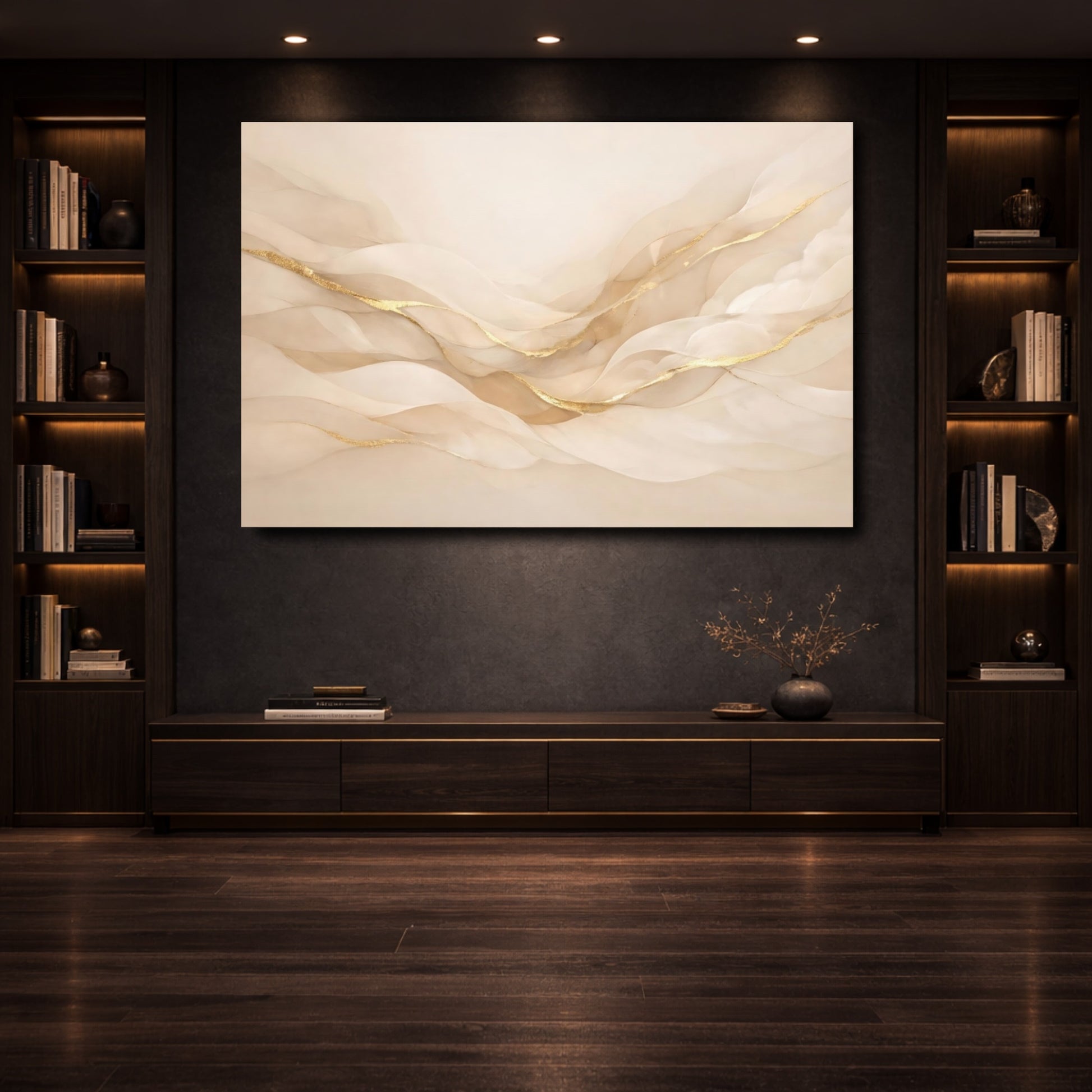 Mockup 3. Abstract Flowing Lines Beige Gold Abstract shown as stretched canvas wall art