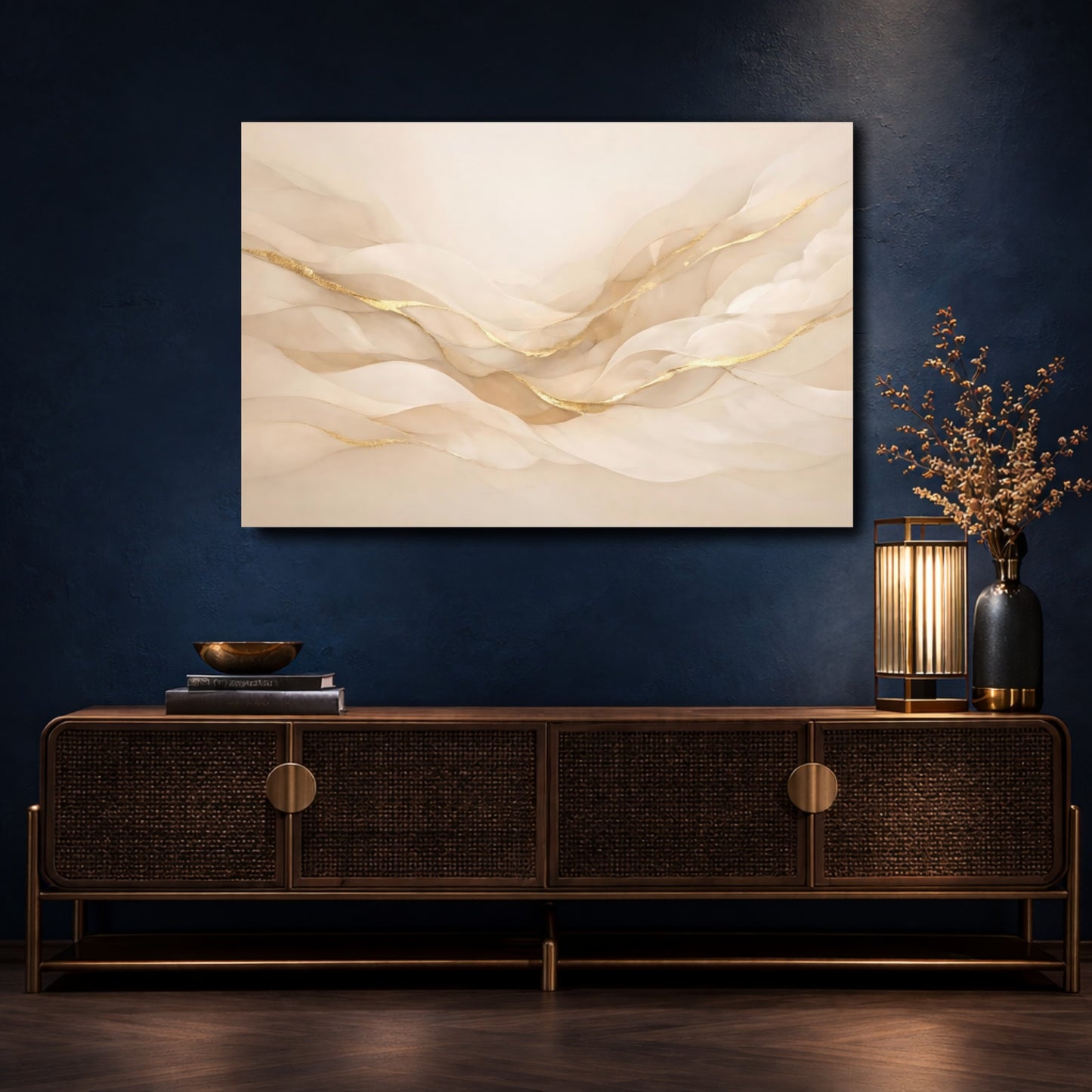 Mockup 4. Abstract Flowing Lines Beige Gold Abstract shown as stretched canvas wall art