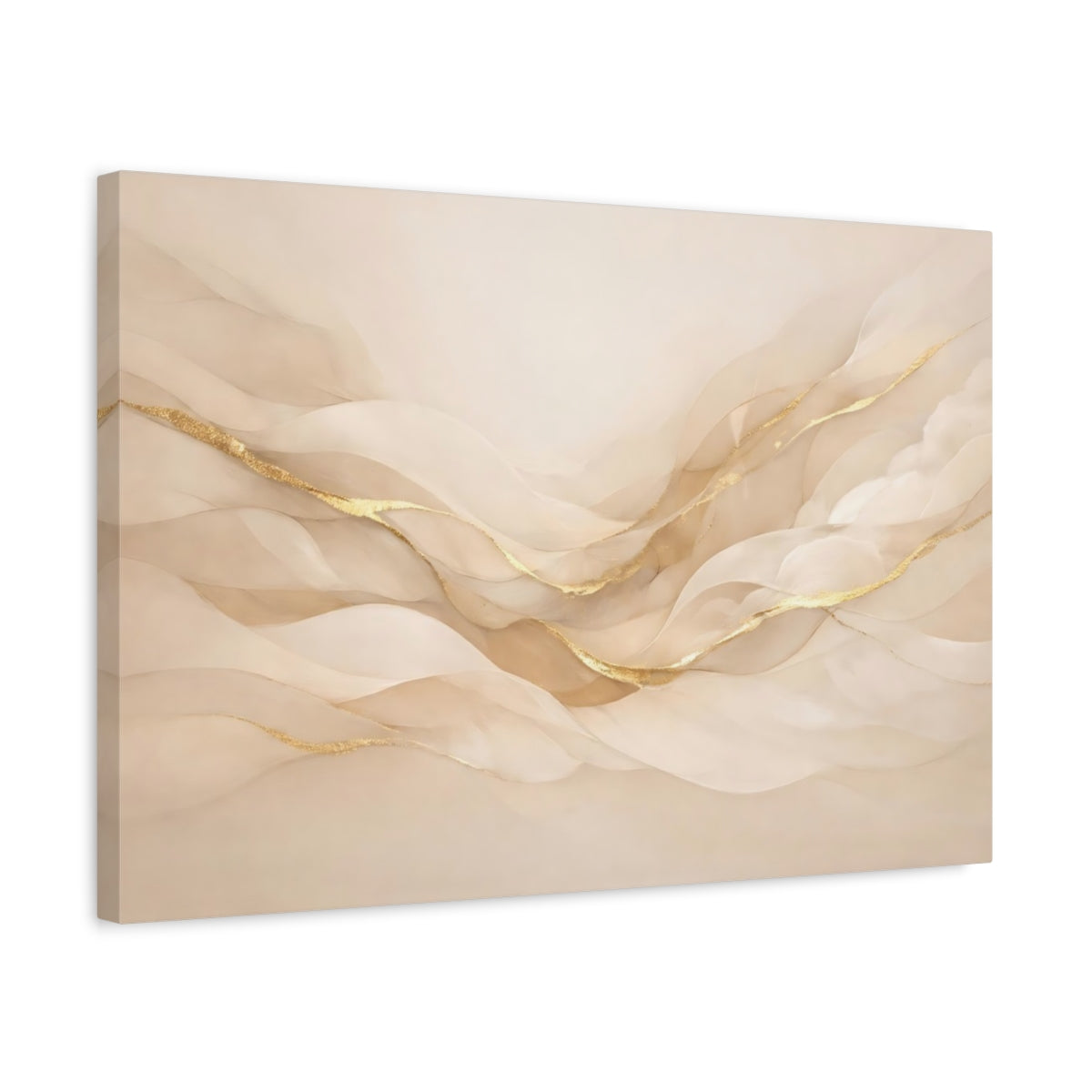 Side Mockup 3. Abstract Flowing Lines Beige Gold Abstract shown as stretched canvas wall art