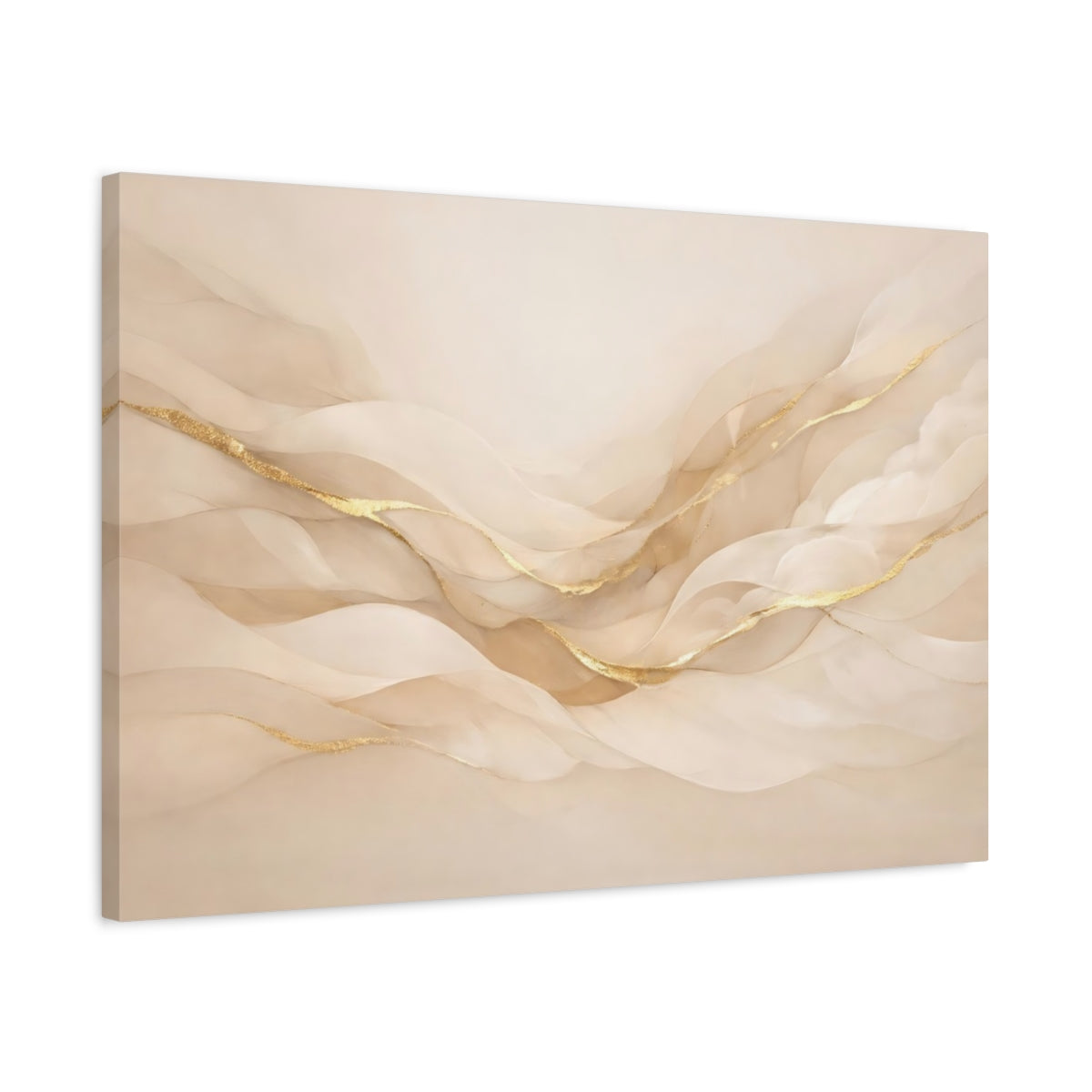 Side Mockup 2. Abstract Flowing Lines Beige Gold Abstract shown as stretched canvas wall art