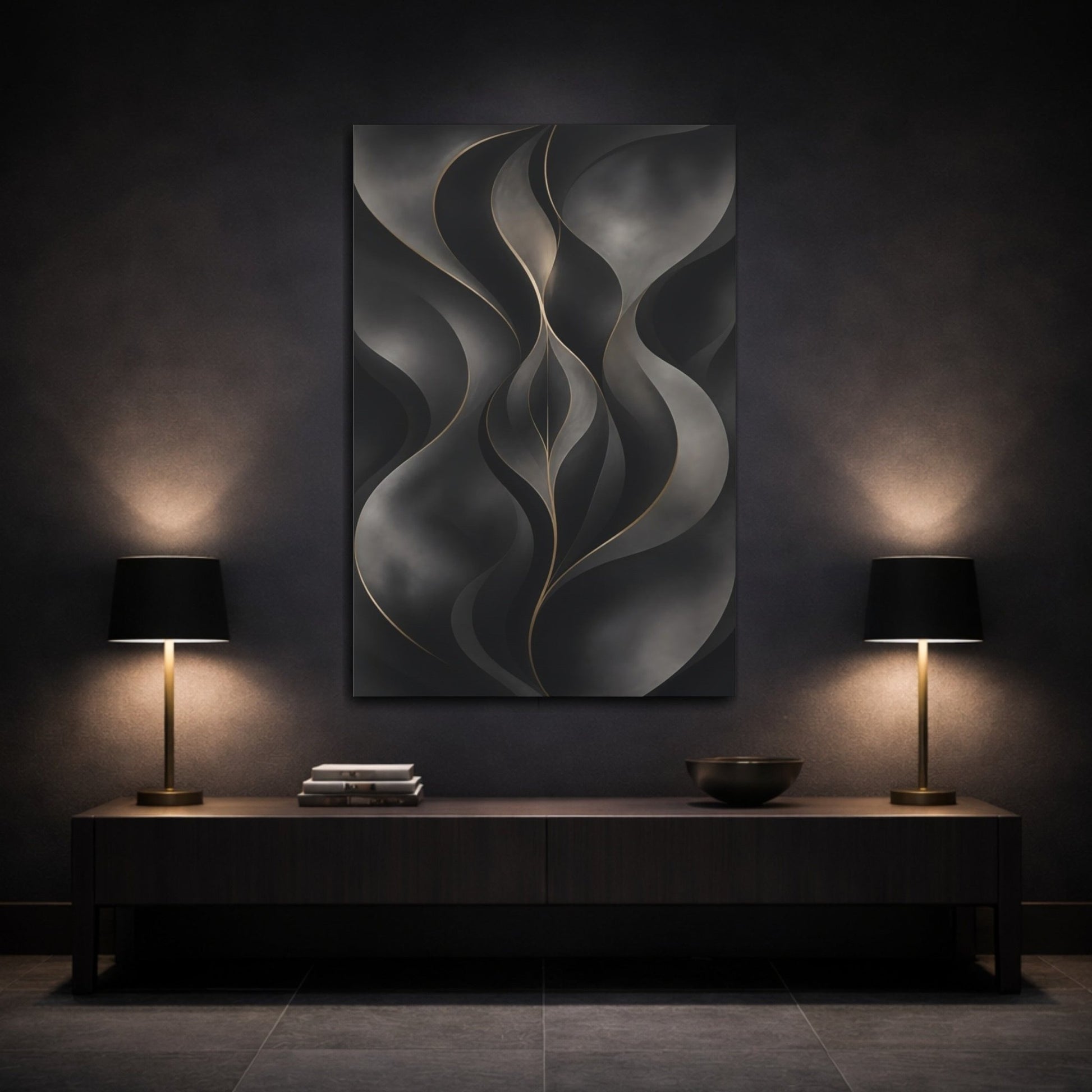 Abstract Flowing Lines Dark Gold Canvas Print – Living Room, Above Fireplace, Black and - YesArtYes