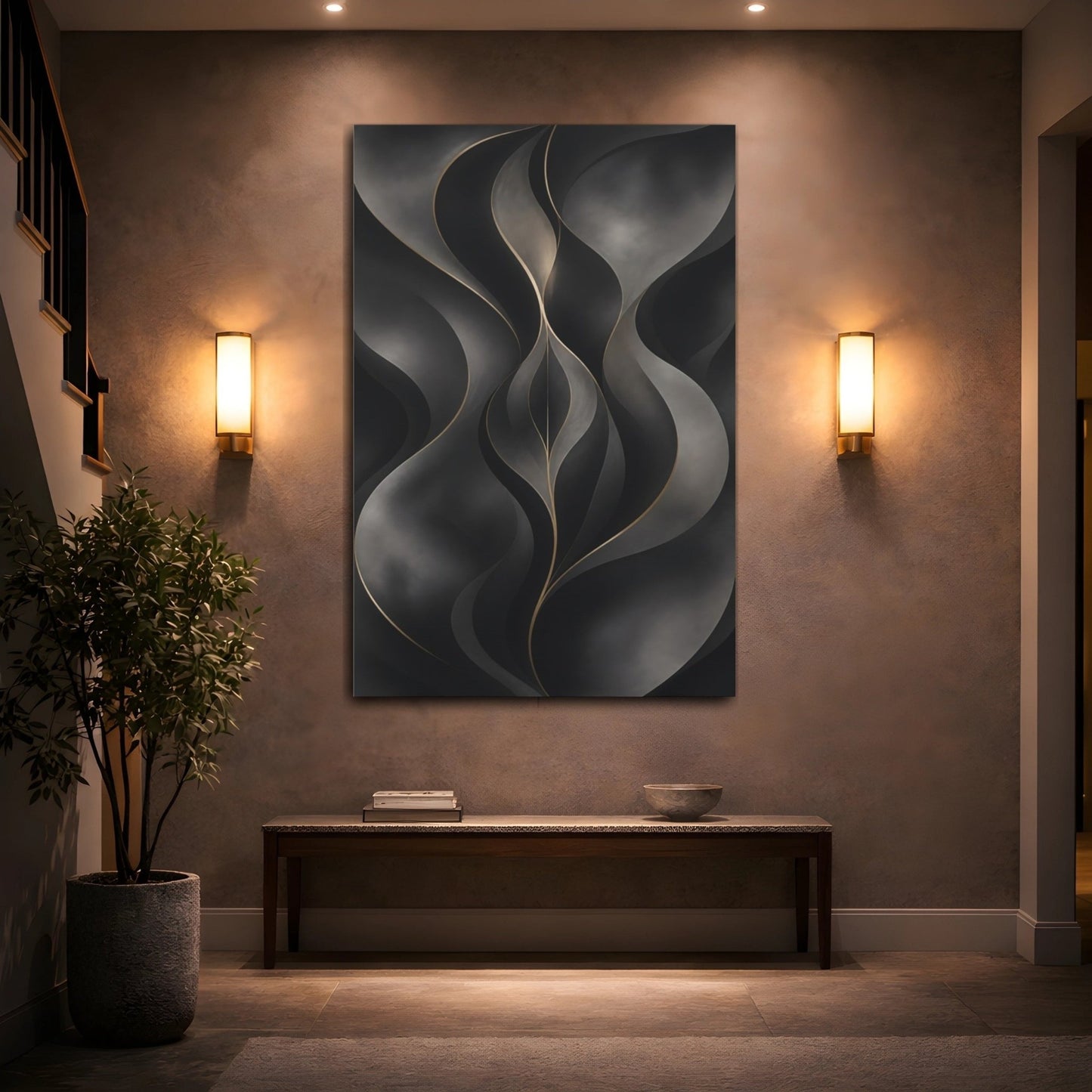 Abstract Flowing Lines Dark Gold Canvas Print – Living Room, Above Fireplace, Black and - YesArtYes