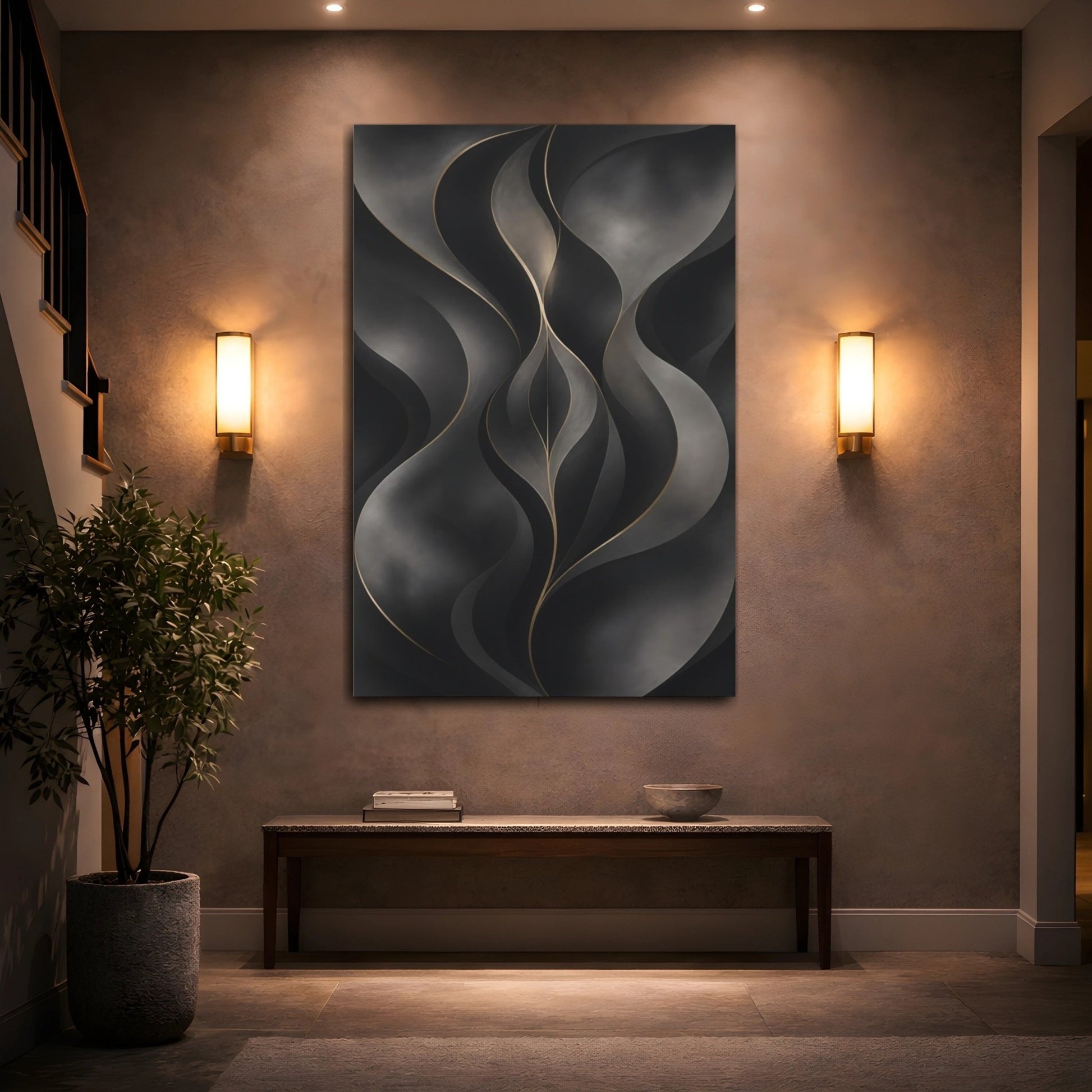 Abstract Flowing Lines Dark Gold Canvas Print – Living Room, Above Fireplace, Black and - YesArtYes
