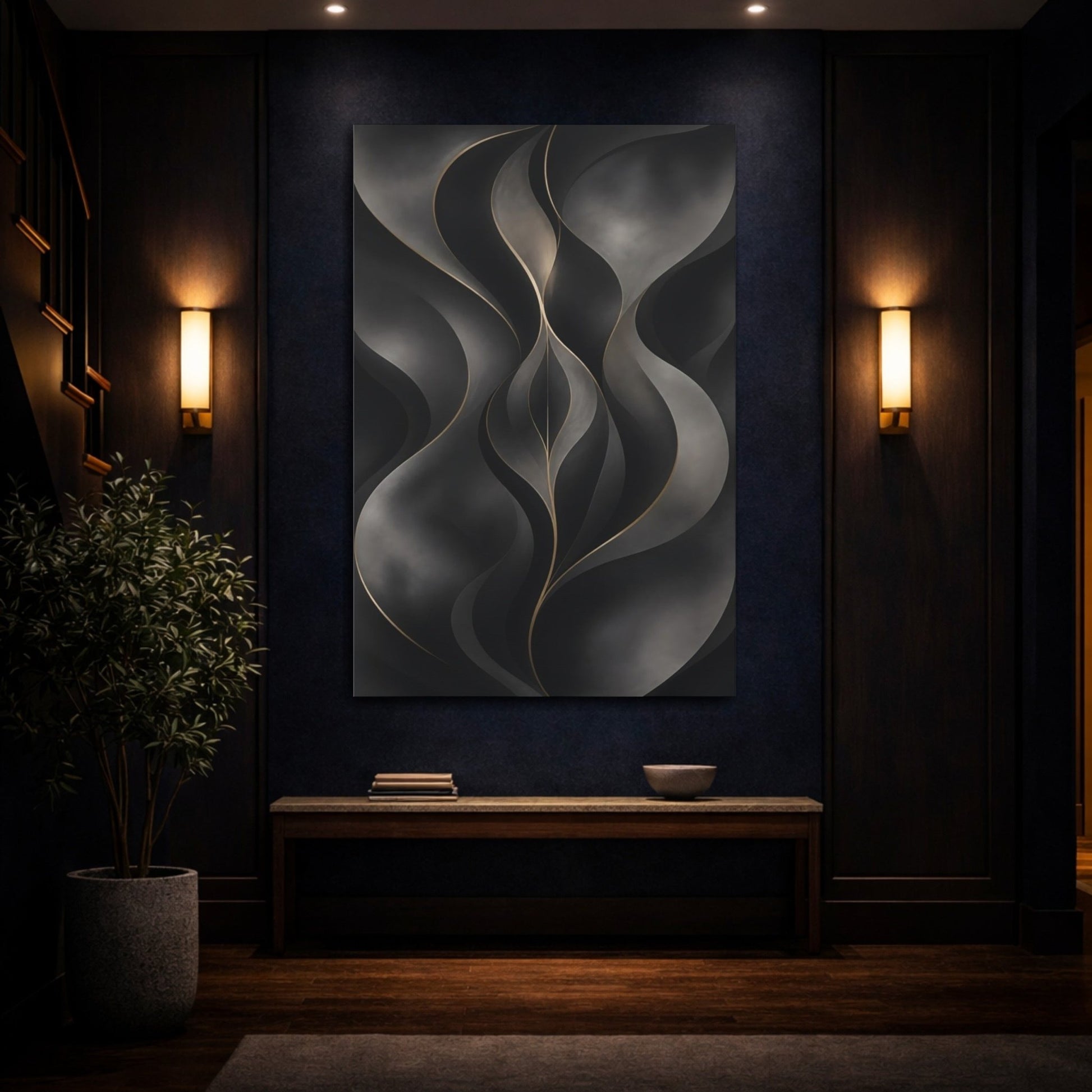 Abstract Flowing Lines Dark Gold Canvas Print – Living Room, Above Fireplace, Black and - YesArtYes