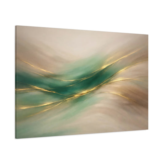 Main Mockup. Abstract Flowing Lines Teal Gold Abstract shown as stretched canvas wall art