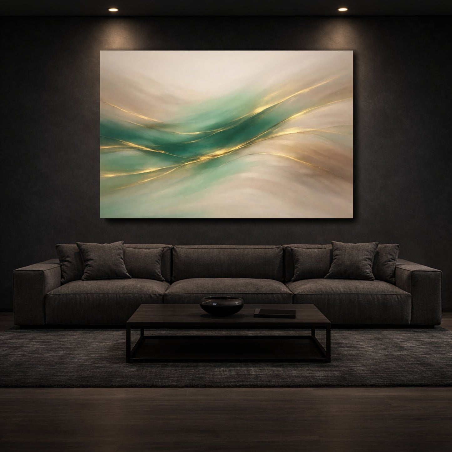 Mockup 2. Abstract Flowing Lines Teal Gold Abstract shown as stretched canvas wall art