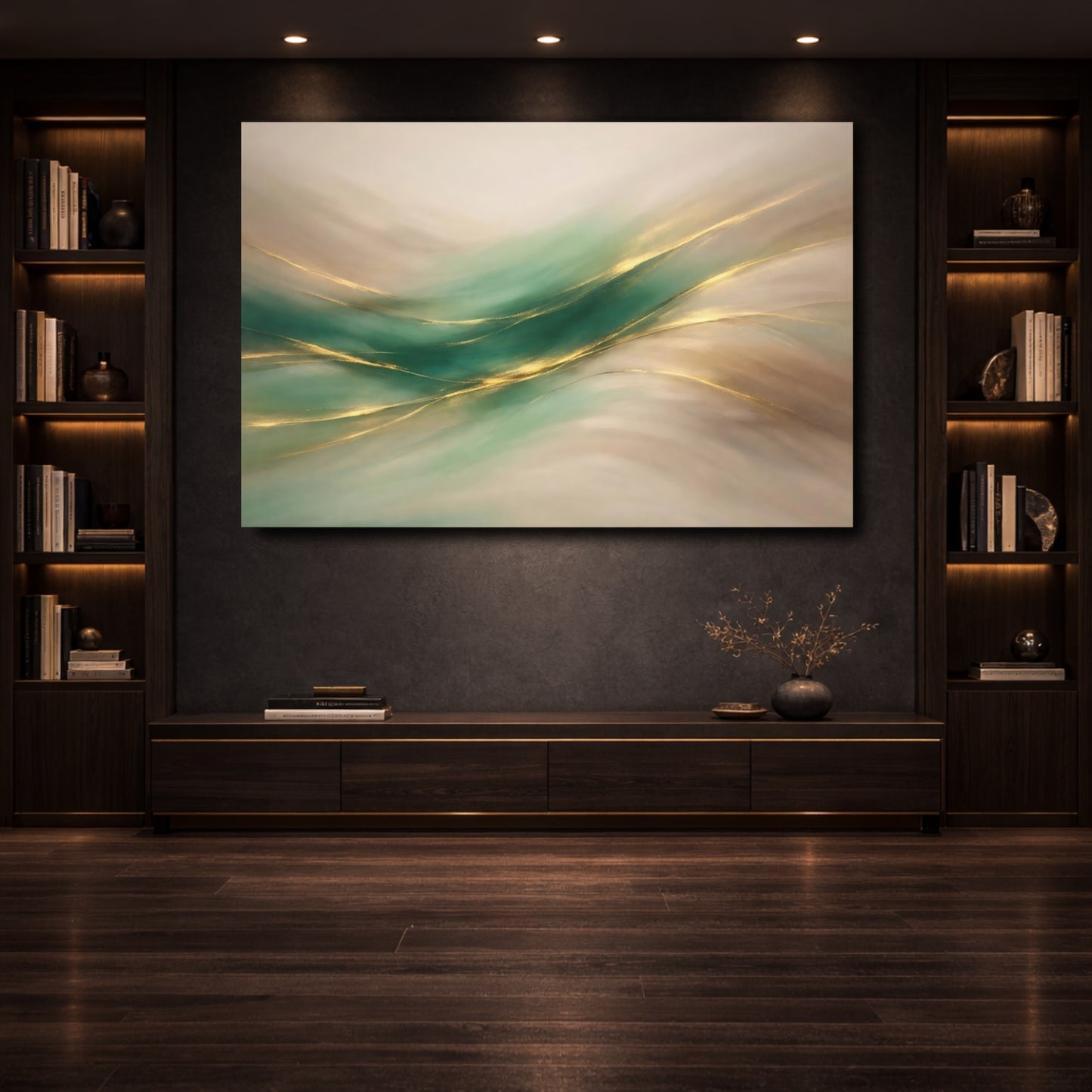 Mockup 3. Abstract Flowing Lines Teal Gold Abstract shown as stretched canvas wall art