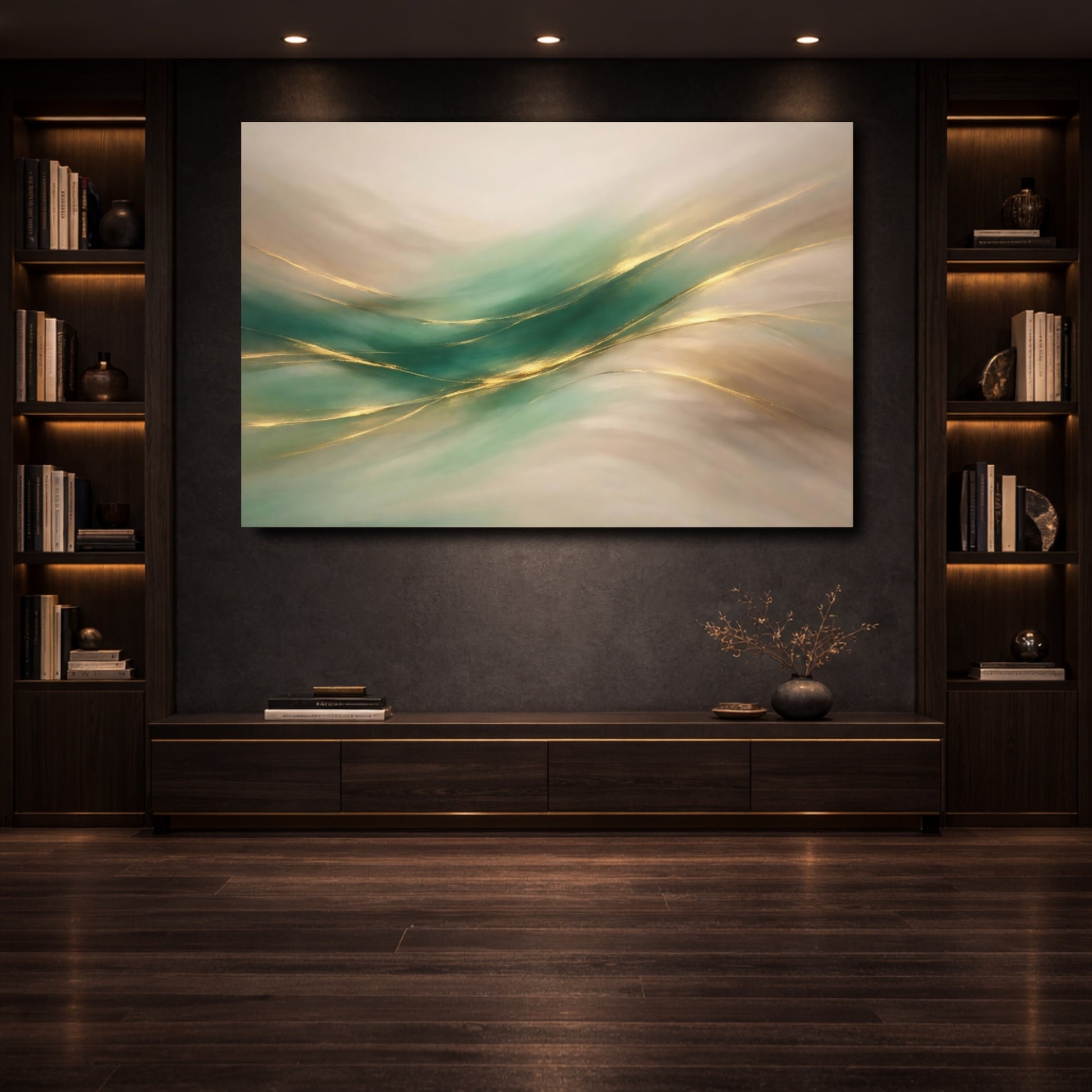 Mockup 3. Abstract Flowing Lines Teal Gold Abstract shown as stretched canvas wall art