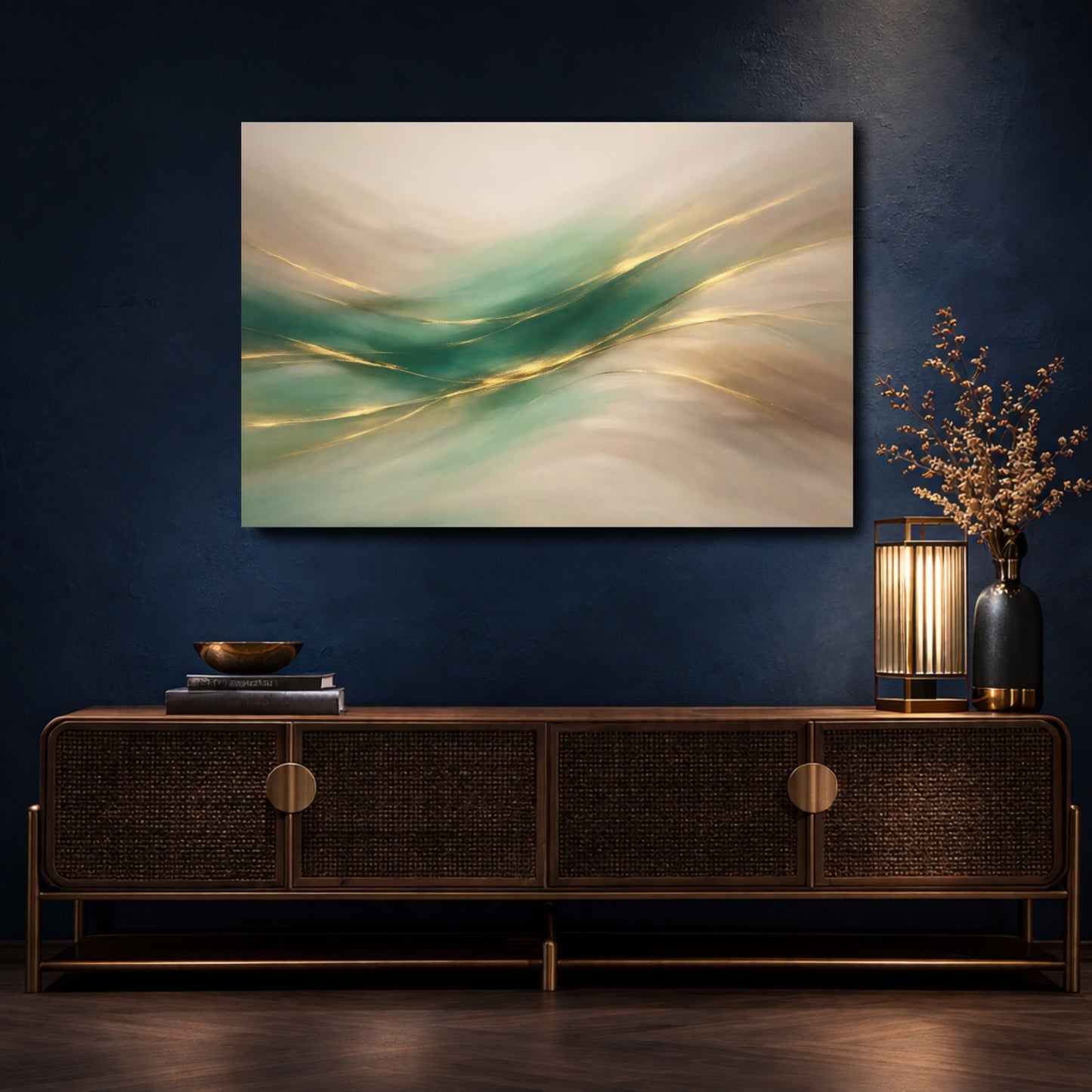Mockup 4. Abstract Flowing Lines Teal Gold Abstract shown as stretched canvas wall art