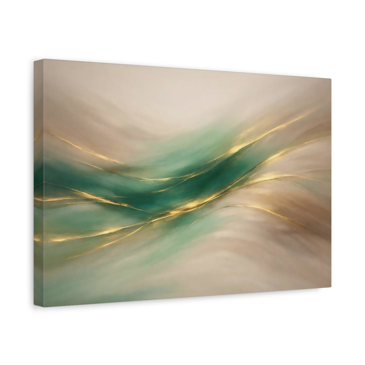 Side Mockup 4. Abstract Flowing Lines Teal Gold Abstract shown as stretched canvas wall art